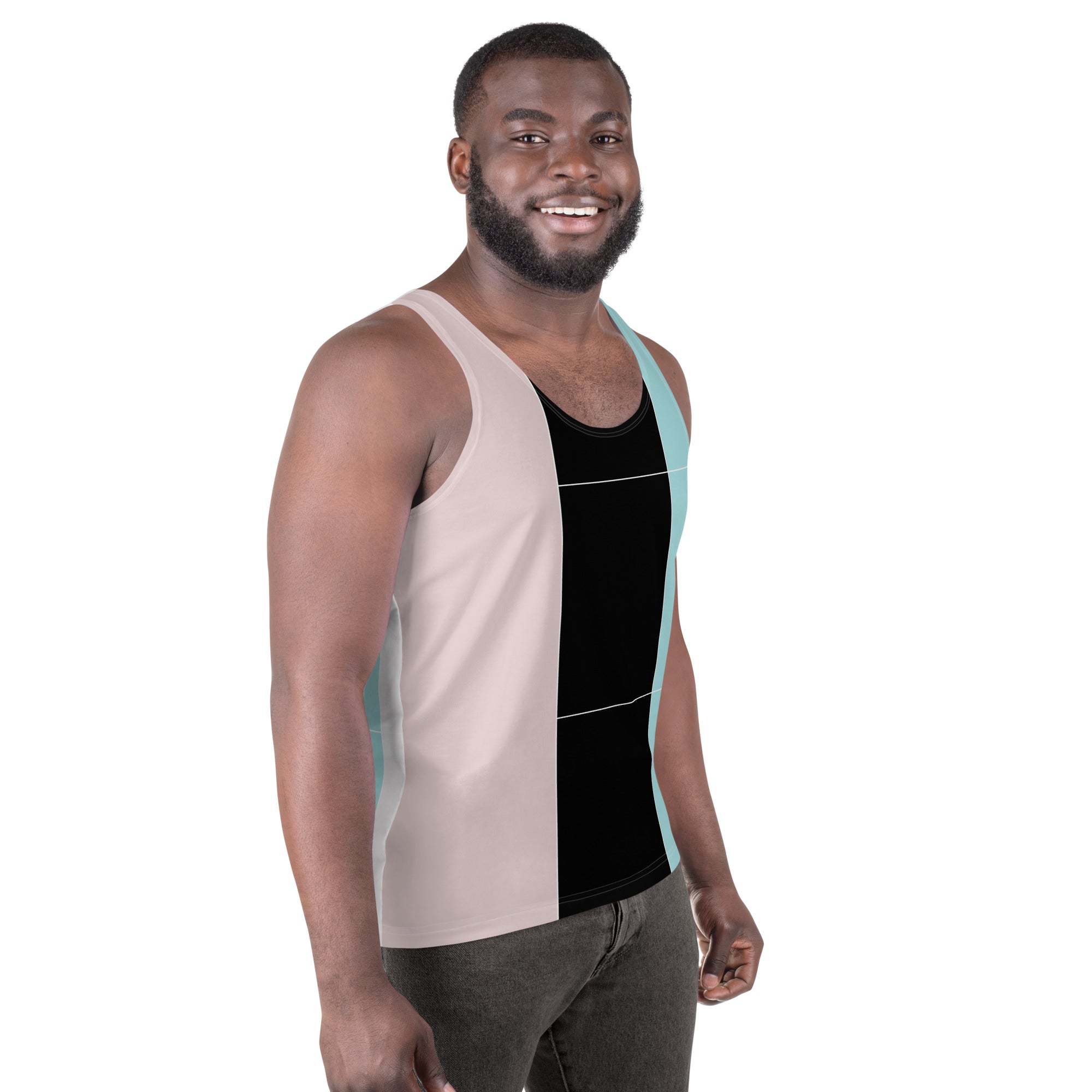 Mens Stretch Fit Tank Top in pastel pink, black, and blue colorblock design, showcasing a sleeveless style and classic crew neckline.