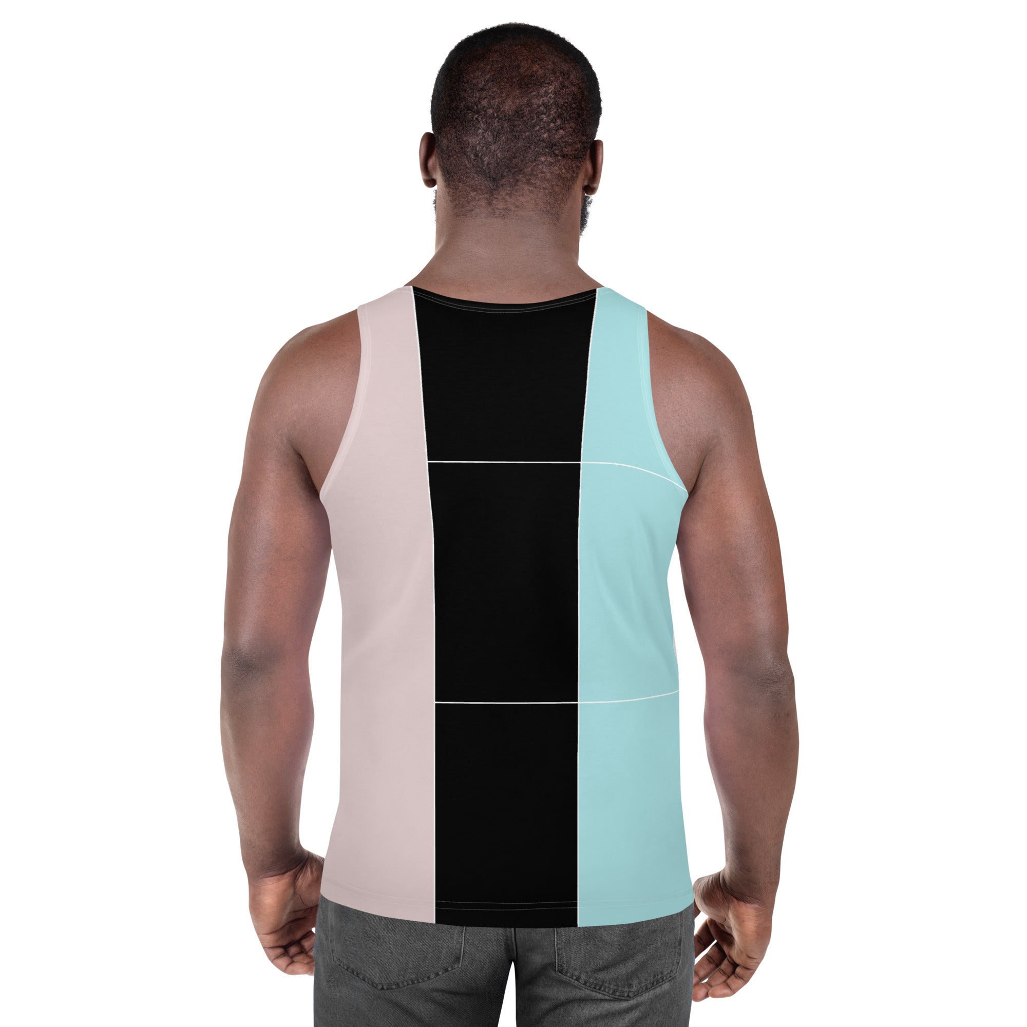 Mens Stretch Fit Tank Top in pastel pink, black, and blue colorblock design, showcasing a sleeveless style and classic crew neckline.