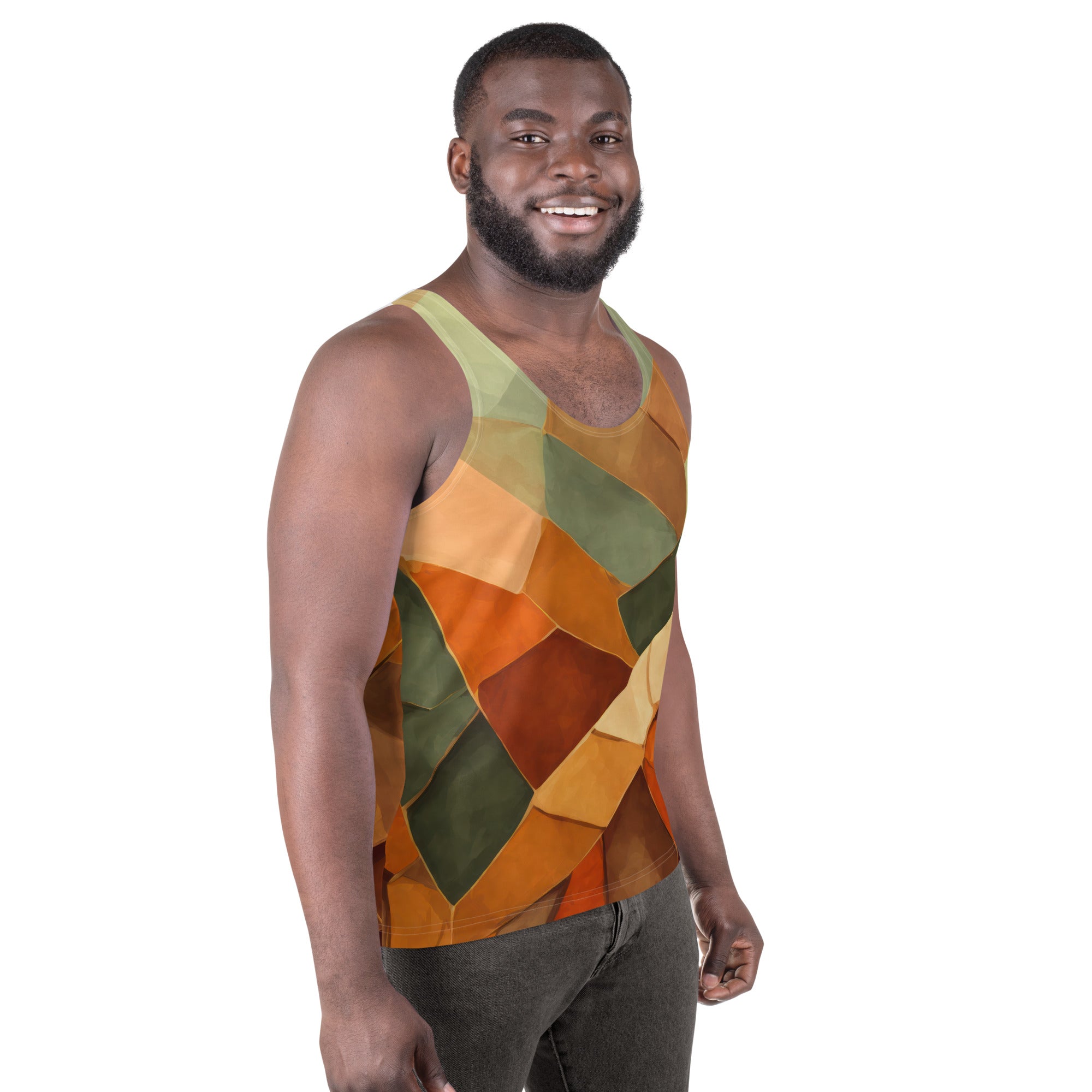 Mens Stretch Fit Tank Top in Rustic Red Abstract Pattern, showcasing a sleeveless design and breathable fabric for comfort.
