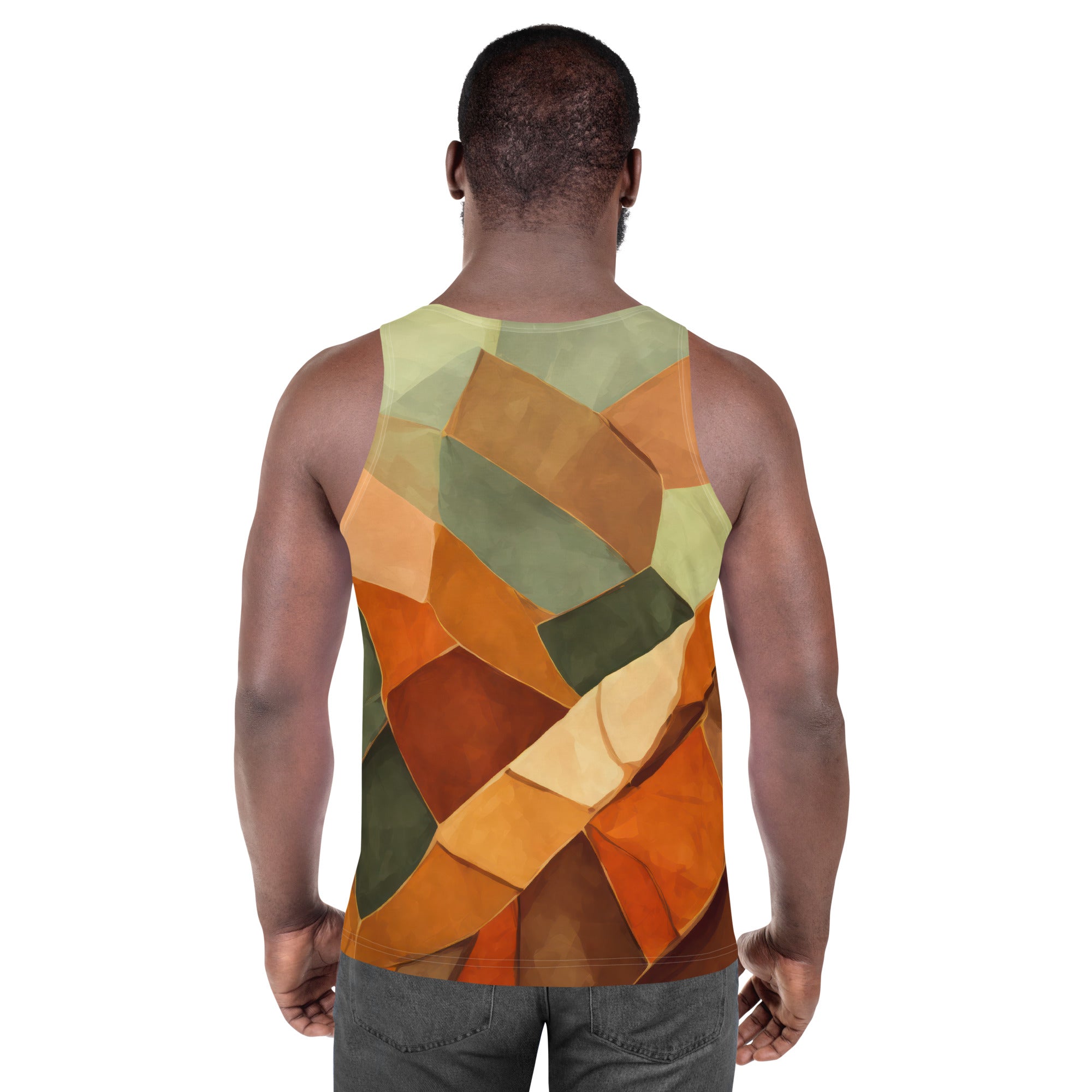 Mens Stretch Fit Tank Top in Rustic Red Abstract Pattern, showcasing a sleeveless design and breathable fabric for comfort.