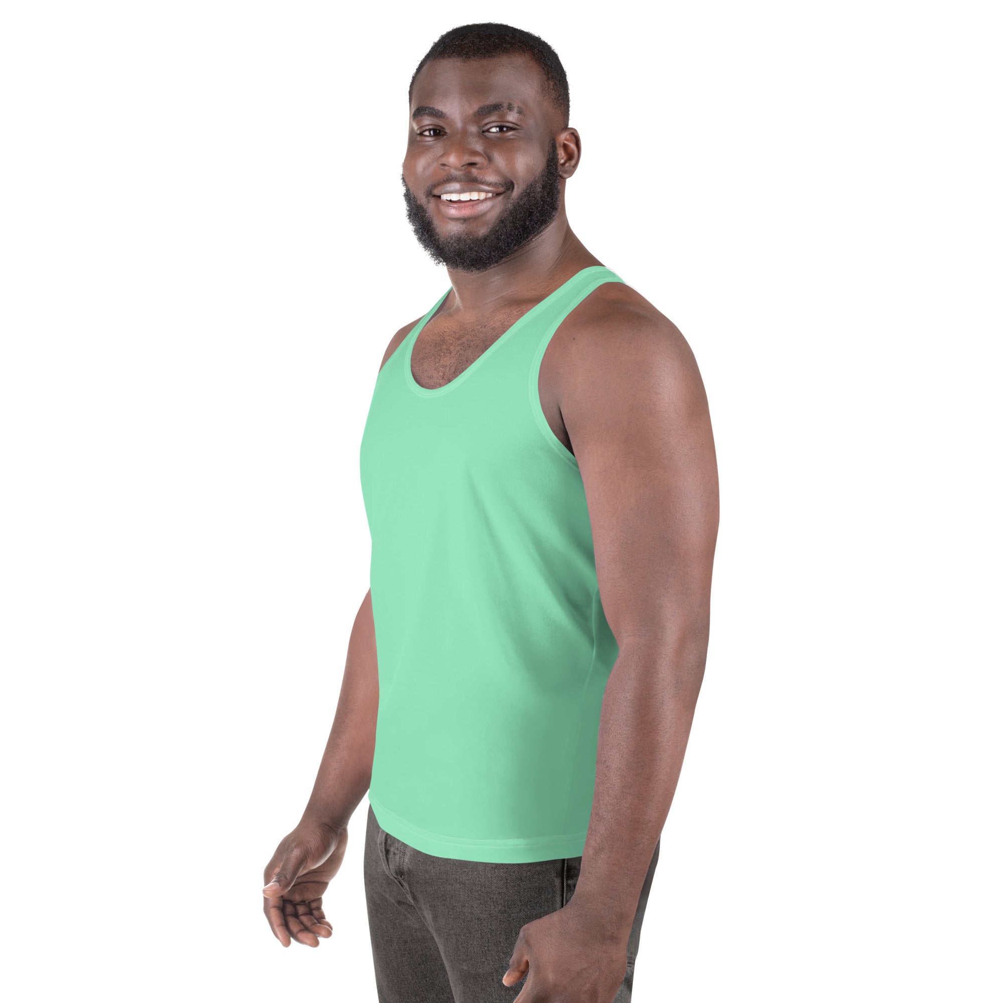 Mens Stretch Fit Tank Top in Seafoam Green, showcasing its lightweight and breathable fabric with a classic crew neckline.