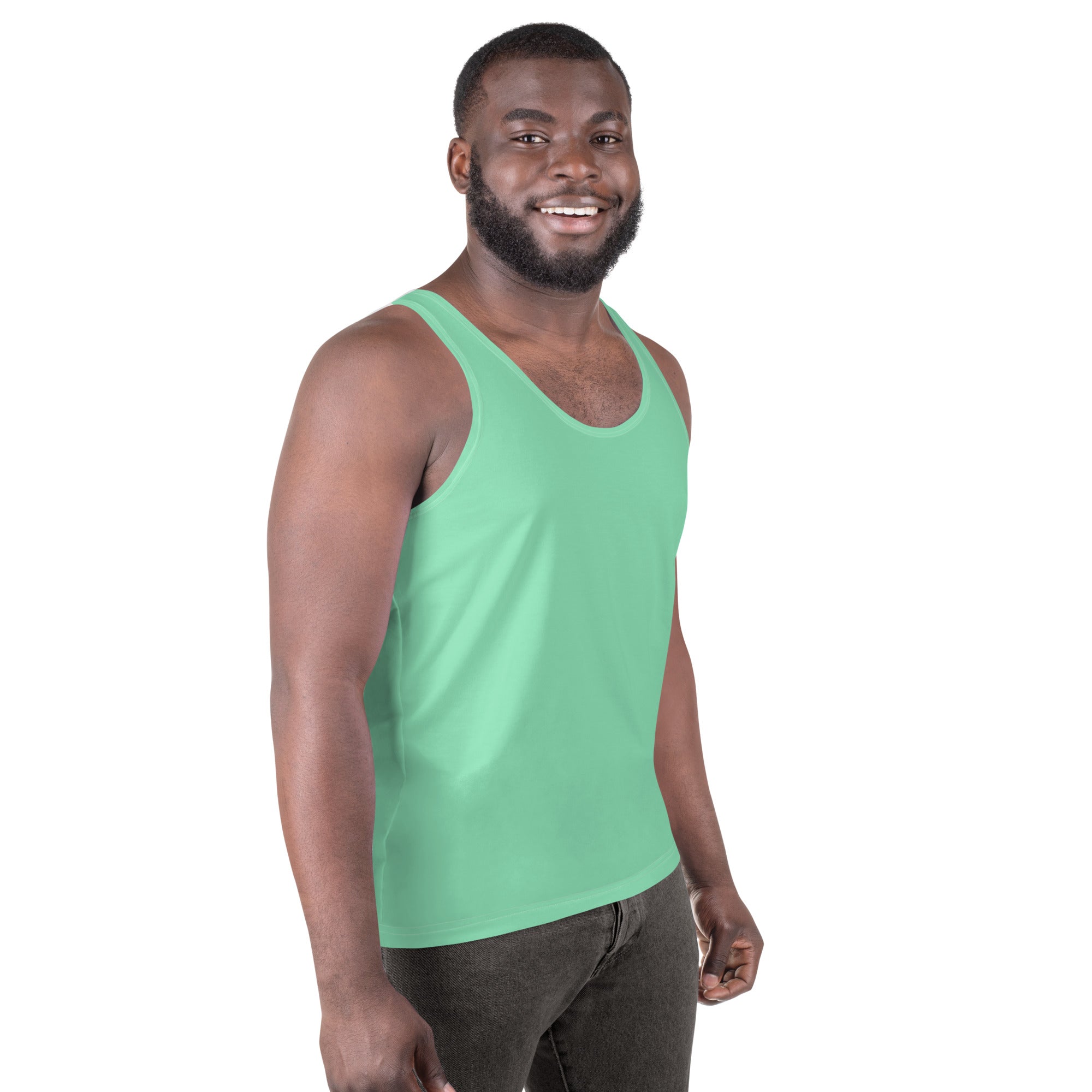 Mens Stretch Fit Tank Top in Seafoam Green, showcasing its lightweight and breathable fabric with a classic crew neckline.