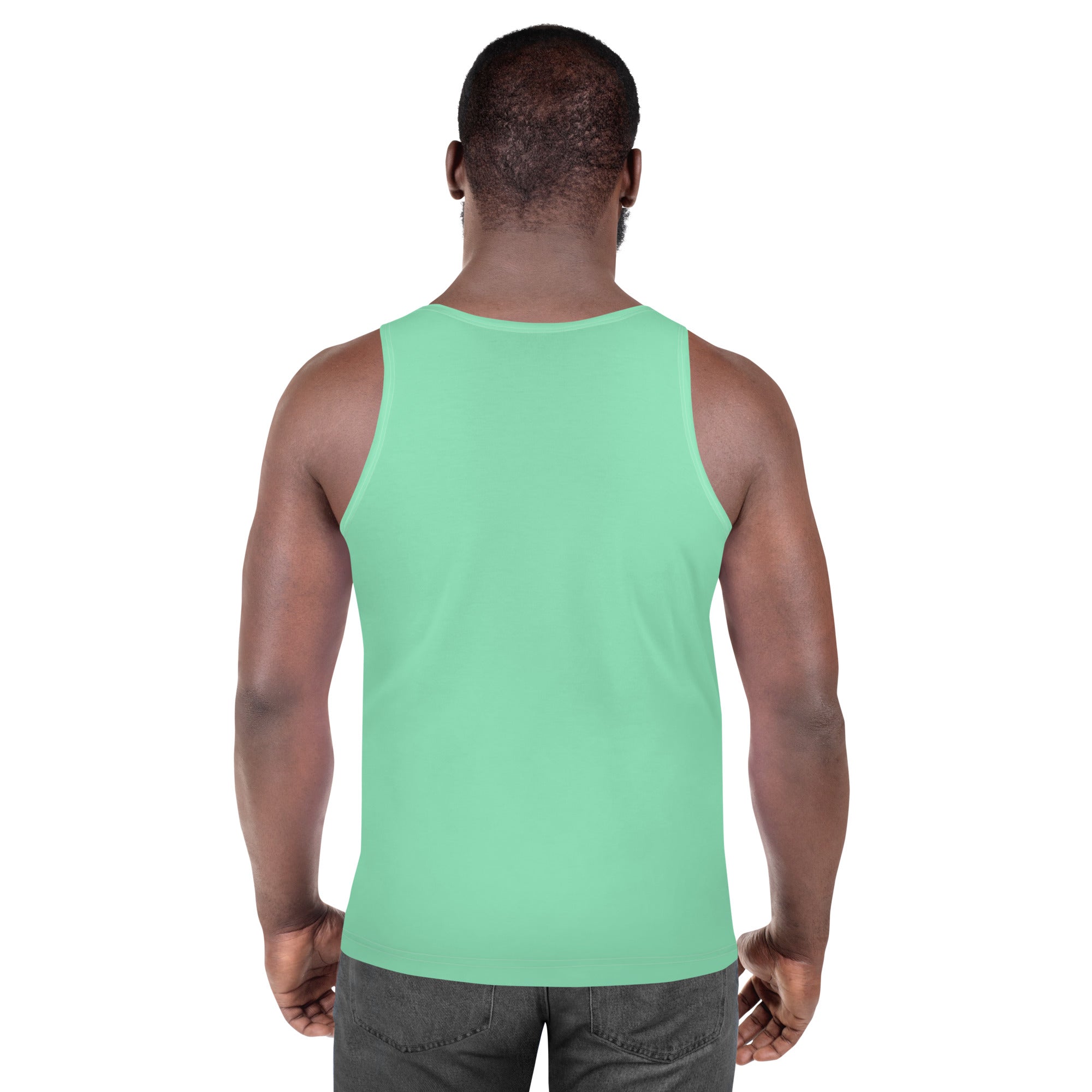 Mens Stretch Fit Tank Top in Seafoam Green, showcasing its lightweight and breathable fabric with a classic crew neckline.