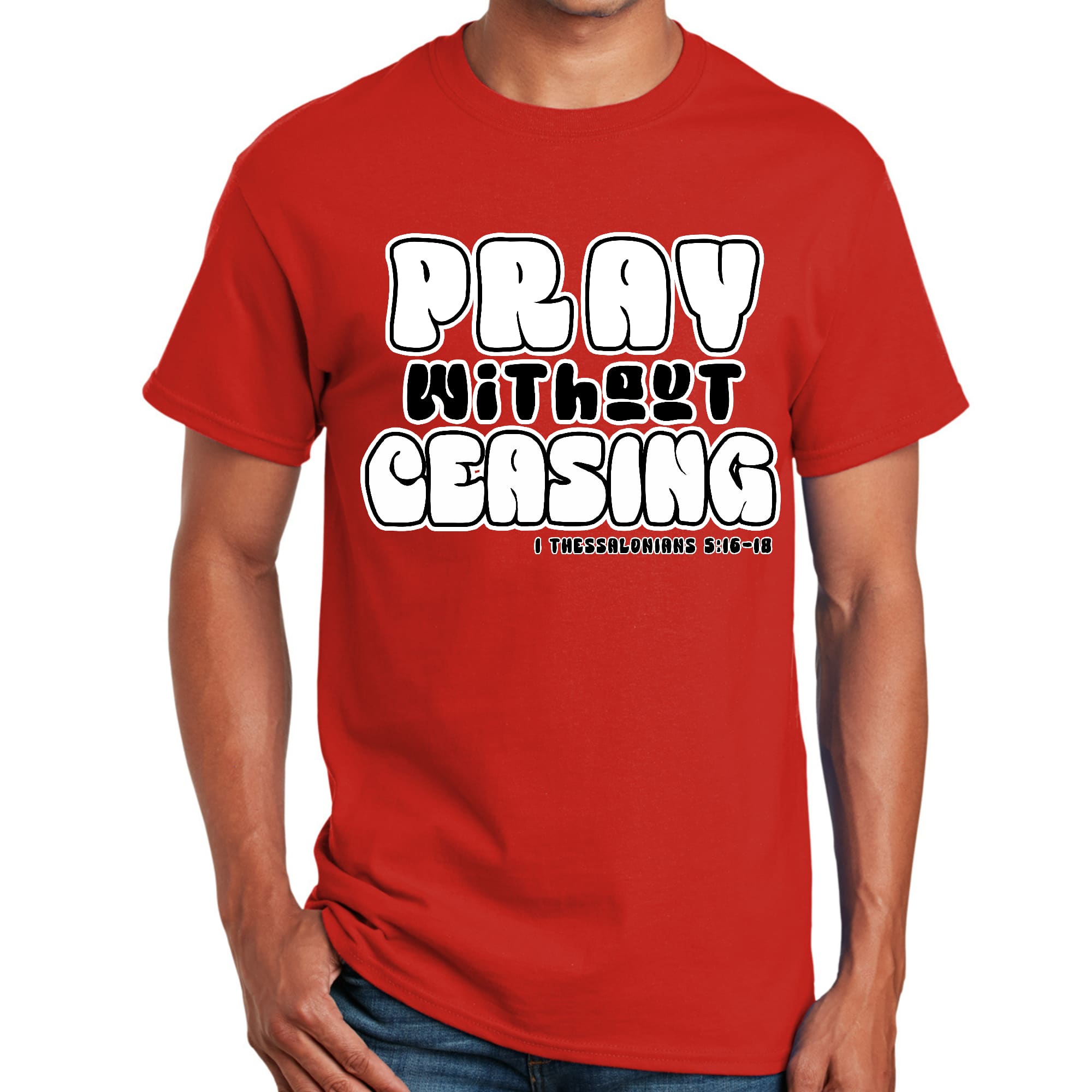 Men's black and white T-shirt featuring 'Pray Without Ceasing' inspirational text, made from soft preshrunk cotton.