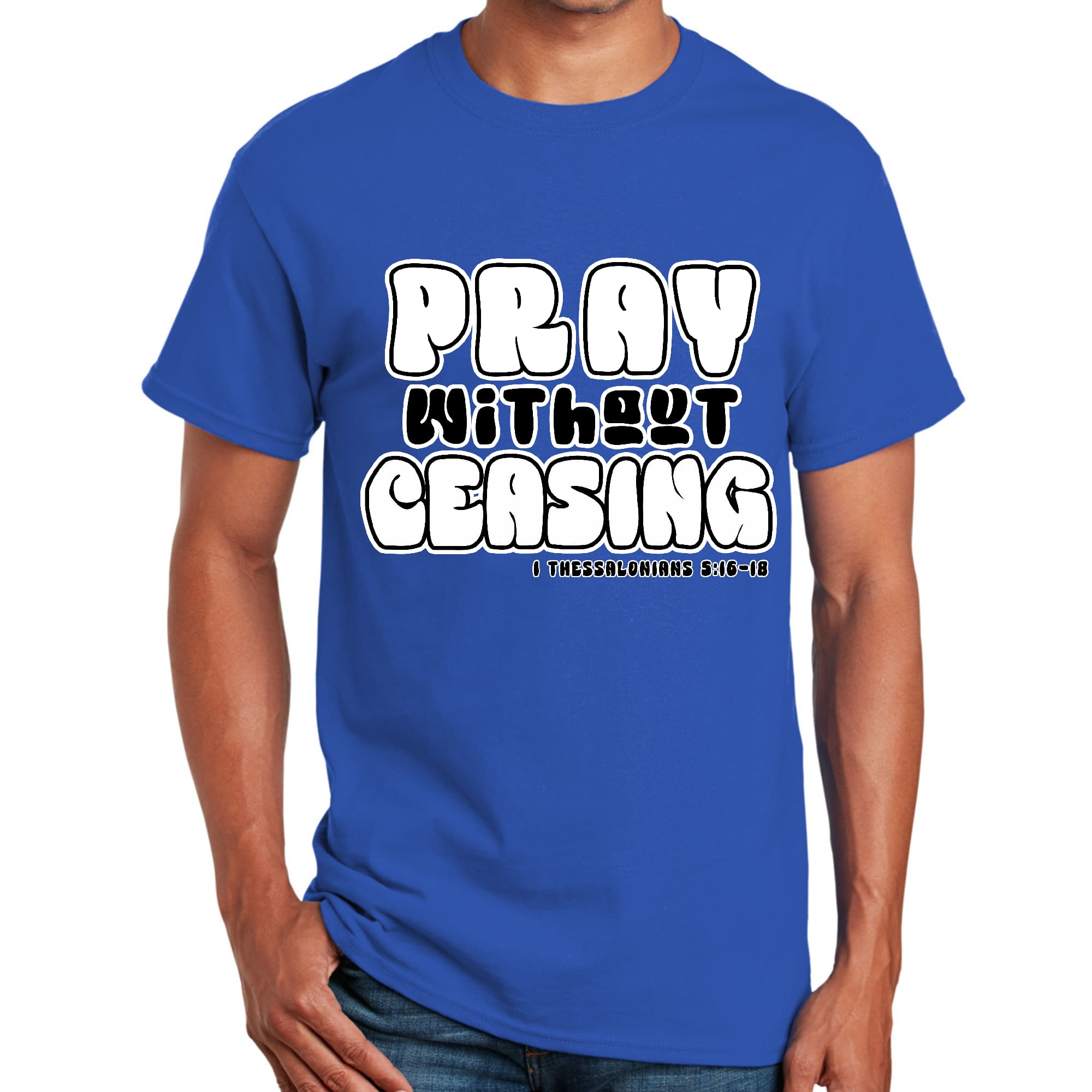 Men's black and white T-shirt featuring 'Pray Without Ceasing' inspirational text, made from soft preshrunk cotton.
