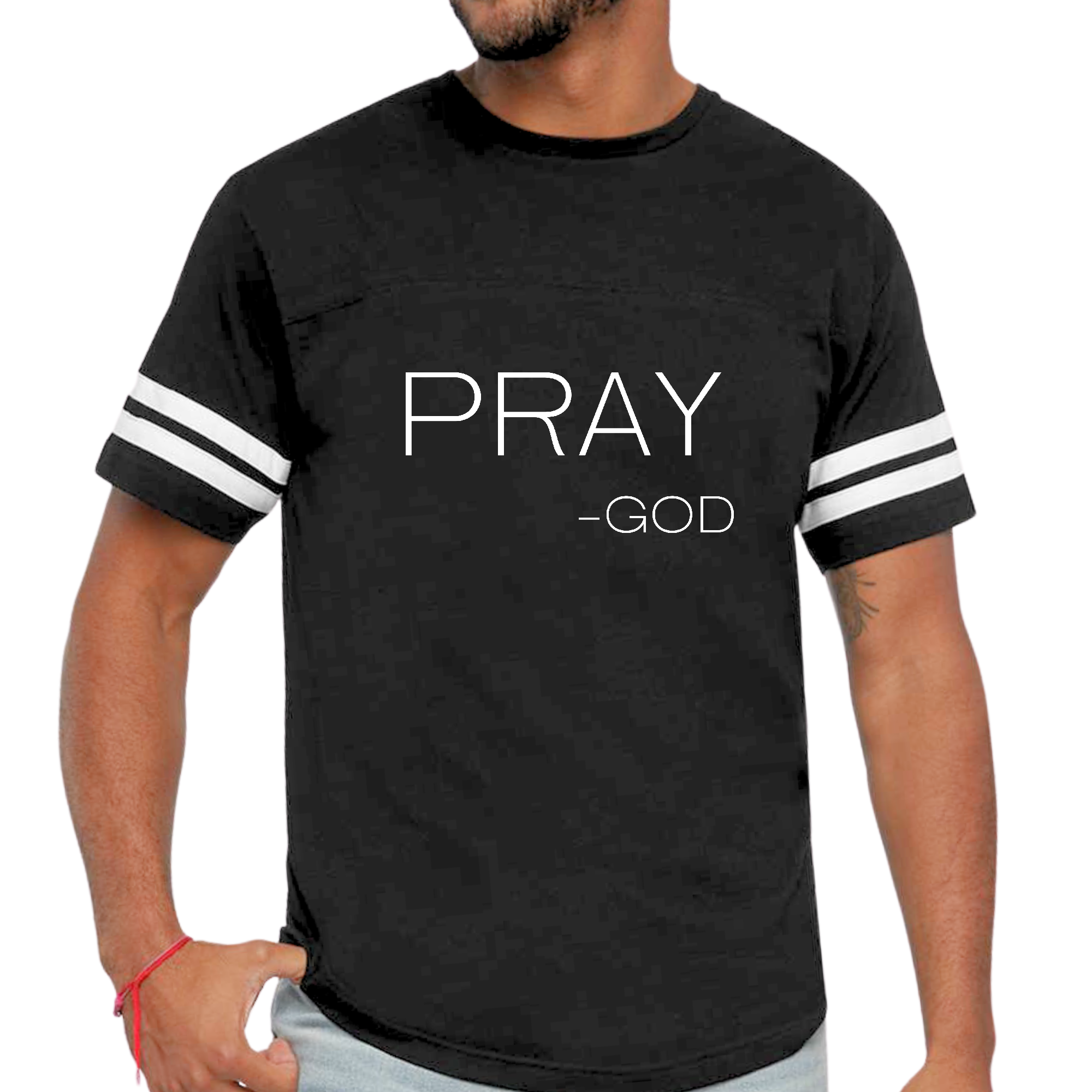Men's Vintage Sport Graphic T-shirt featuring 'Pray-God' statement in a stylish design with contrast stripes on sleeves.