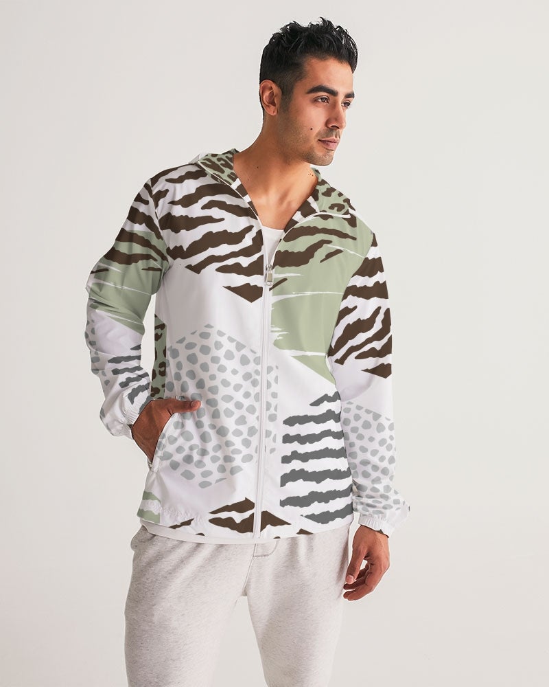 Men's Windbreaker Jacket in brown and green geometric pattern, featuring elastic cuffs and zip pockets.