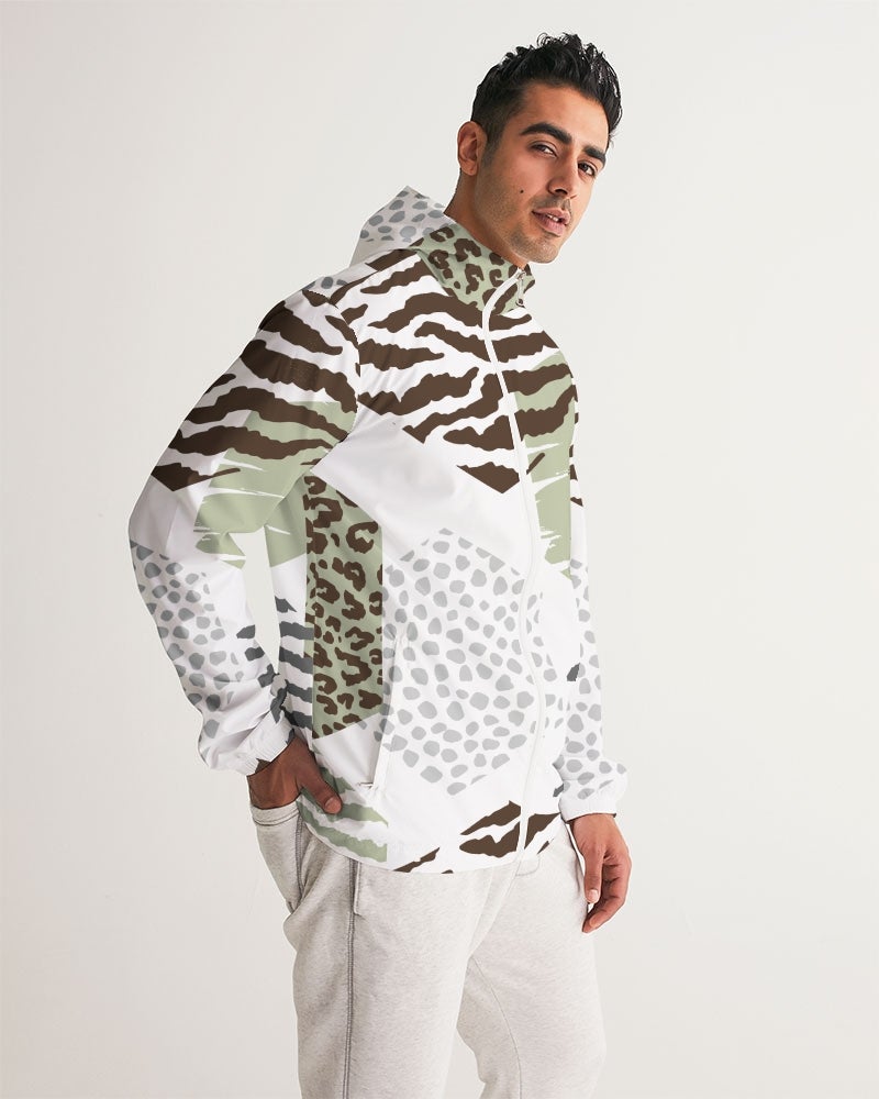 Men's Windbreaker Jacket in brown and green geometric pattern, featuring elastic cuffs and zip pockets.