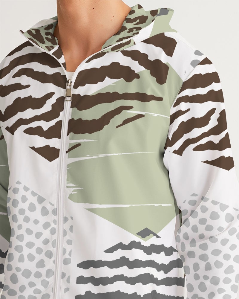 Men's Windbreaker Jacket in brown and green geometric pattern, featuring elastic cuffs and zip pockets.