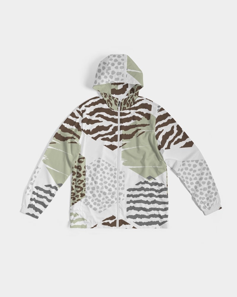Men's Windbreaker Jacket in brown and green geometric pattern, featuring elastic cuffs and zip pockets.