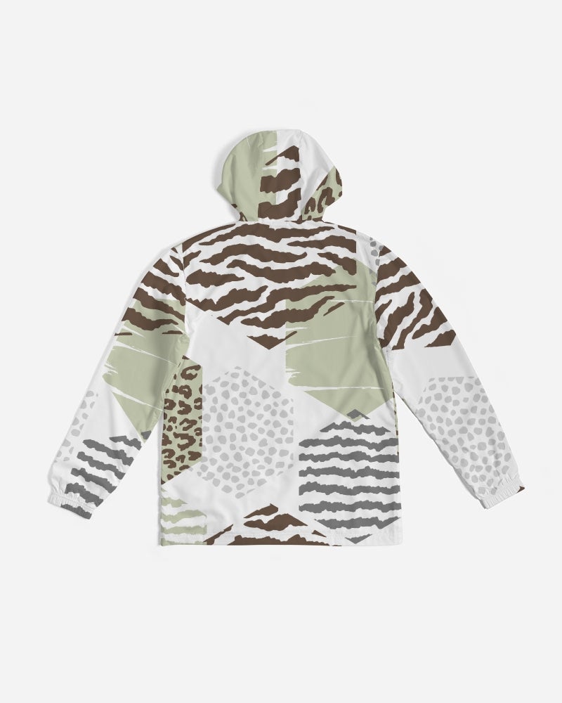 Men's Windbreaker Jacket in brown and green geometric pattern, featuring elastic cuffs and zip pockets.