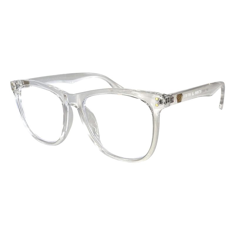 Mesa Blue Light Glasses in a stylish cat-eye design, featuring blue light filtering lenses and a transparent travel case.