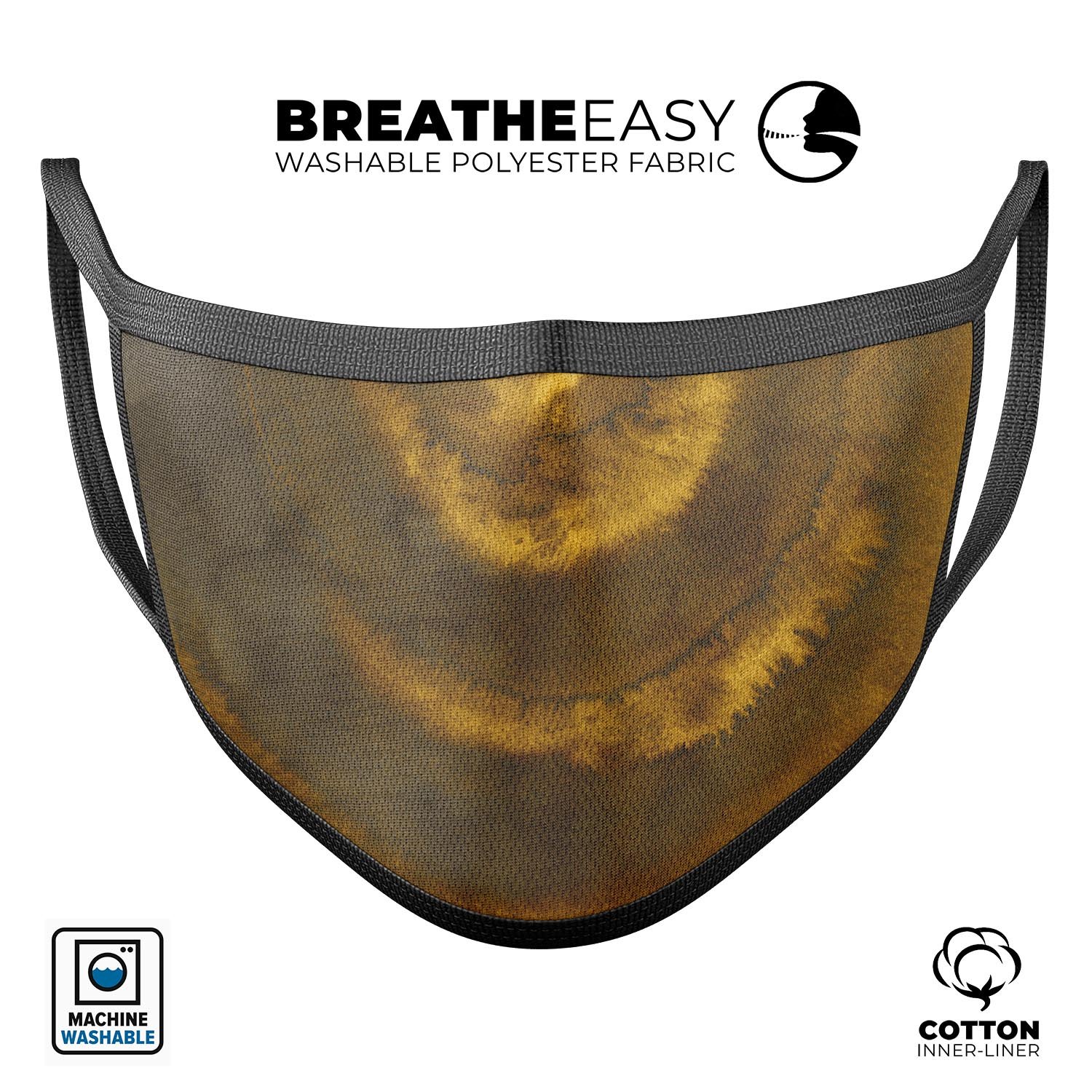 Micro Circular Golden Stains mouth cover, a stylish and comfortable unisex face mask made in the USA, featuring adjustable ear loops and a vibrant design.