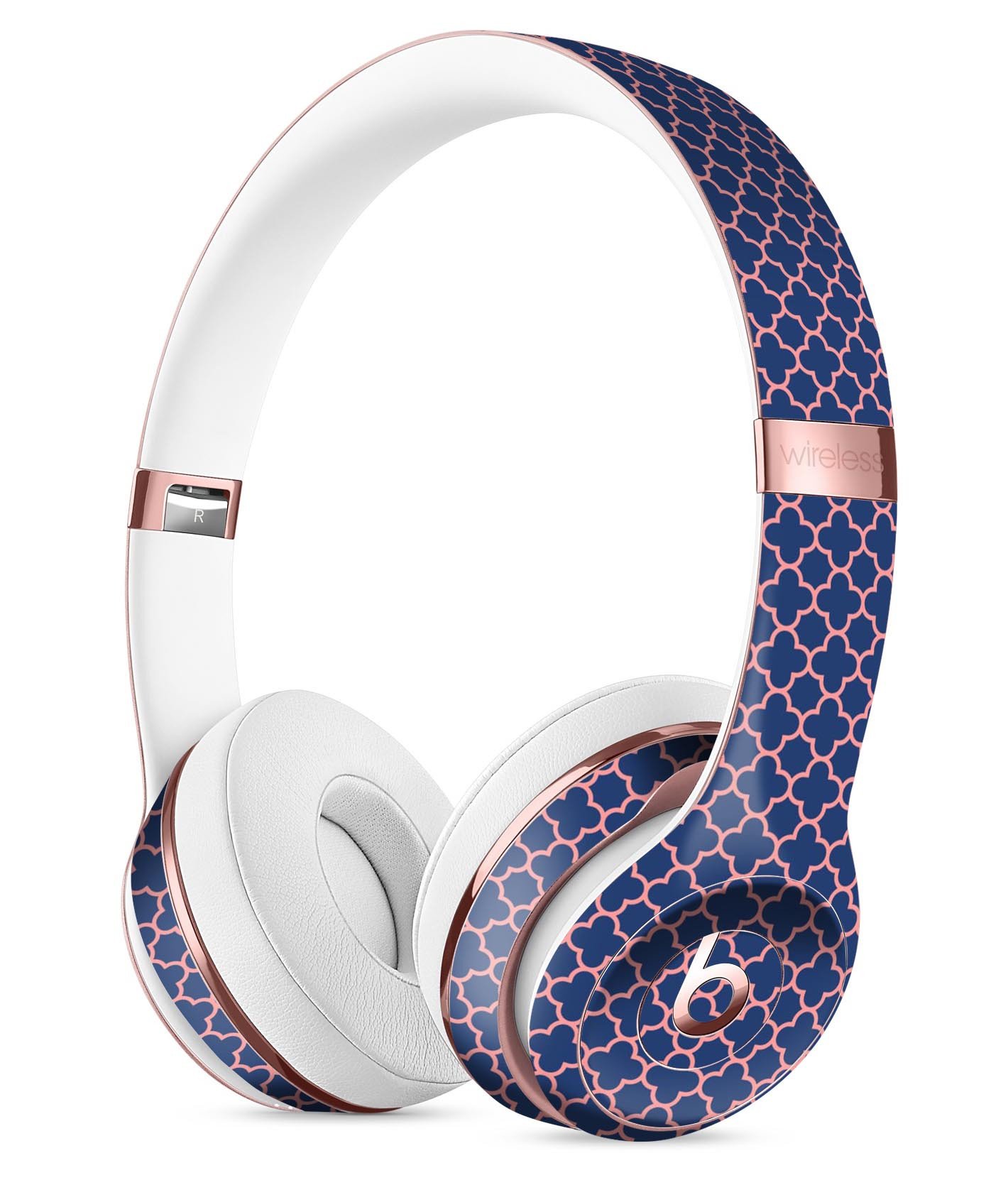 Micro Coral and Navy Quartrefoil Full-Body Skin Kit for Beats by Dre Solo 3 Wireless Headphones, showcasing vibrant colors and design.