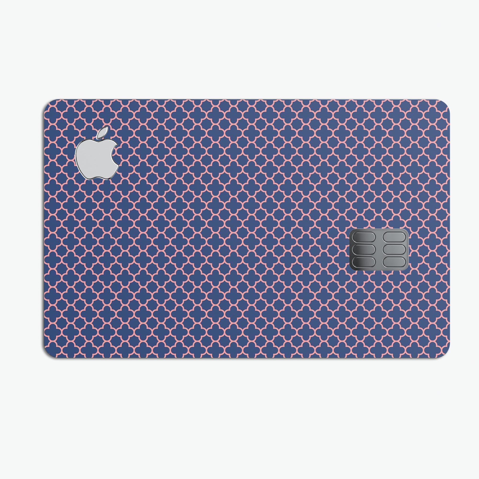 Micro Coral and Navy Quartrefoil skin kit for Apple Card, showcasing premium vinyl design and protective features.