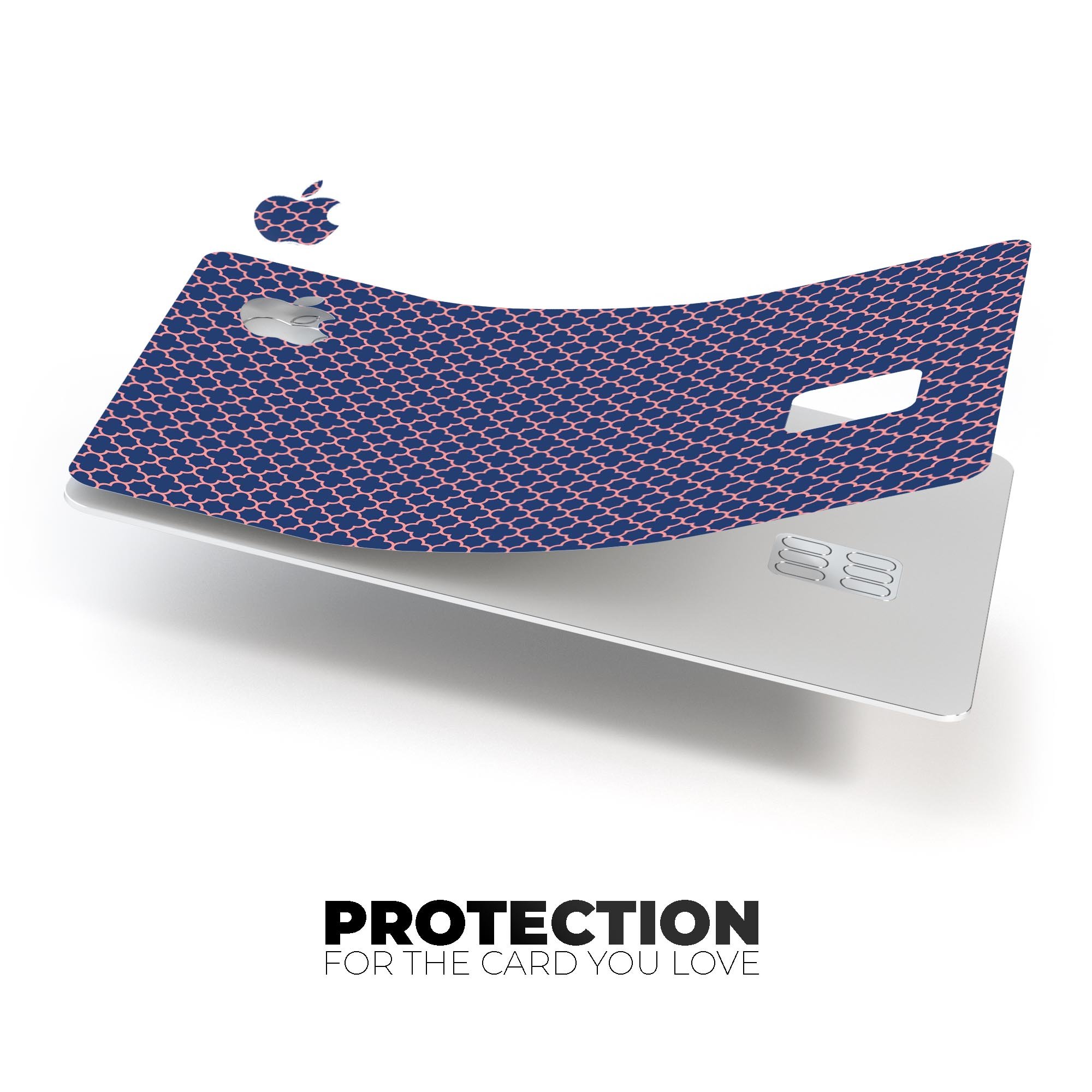 Micro Coral and Navy Quartrefoil skin kit for Apple Card, showcasing premium vinyl design and protective features.