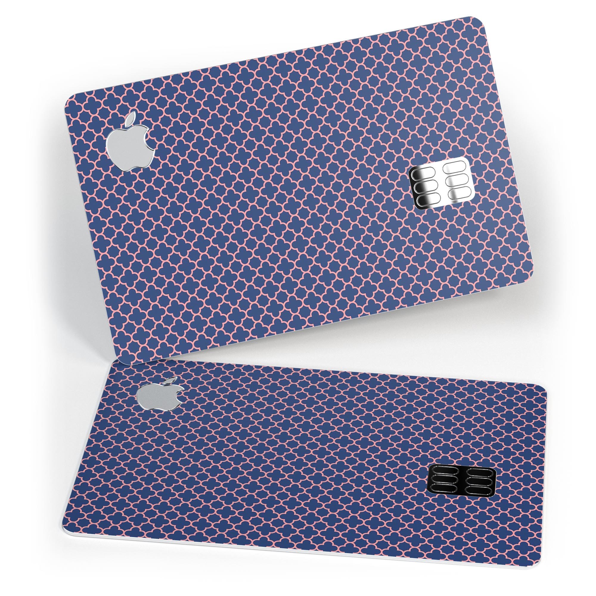 Micro Coral and Navy Quartrefoil skin kit for Apple Card, showcasing premium vinyl design and protective features.