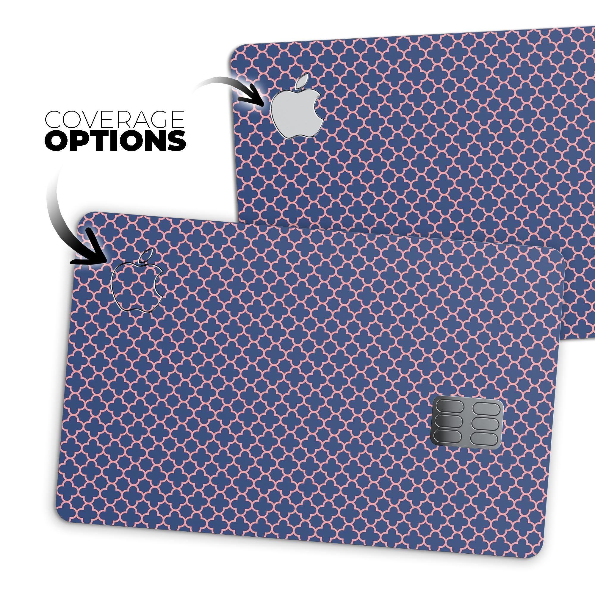 Micro Coral and Navy Quartrefoil skin kit for Apple Card, showcasing premium vinyl design and protective features.