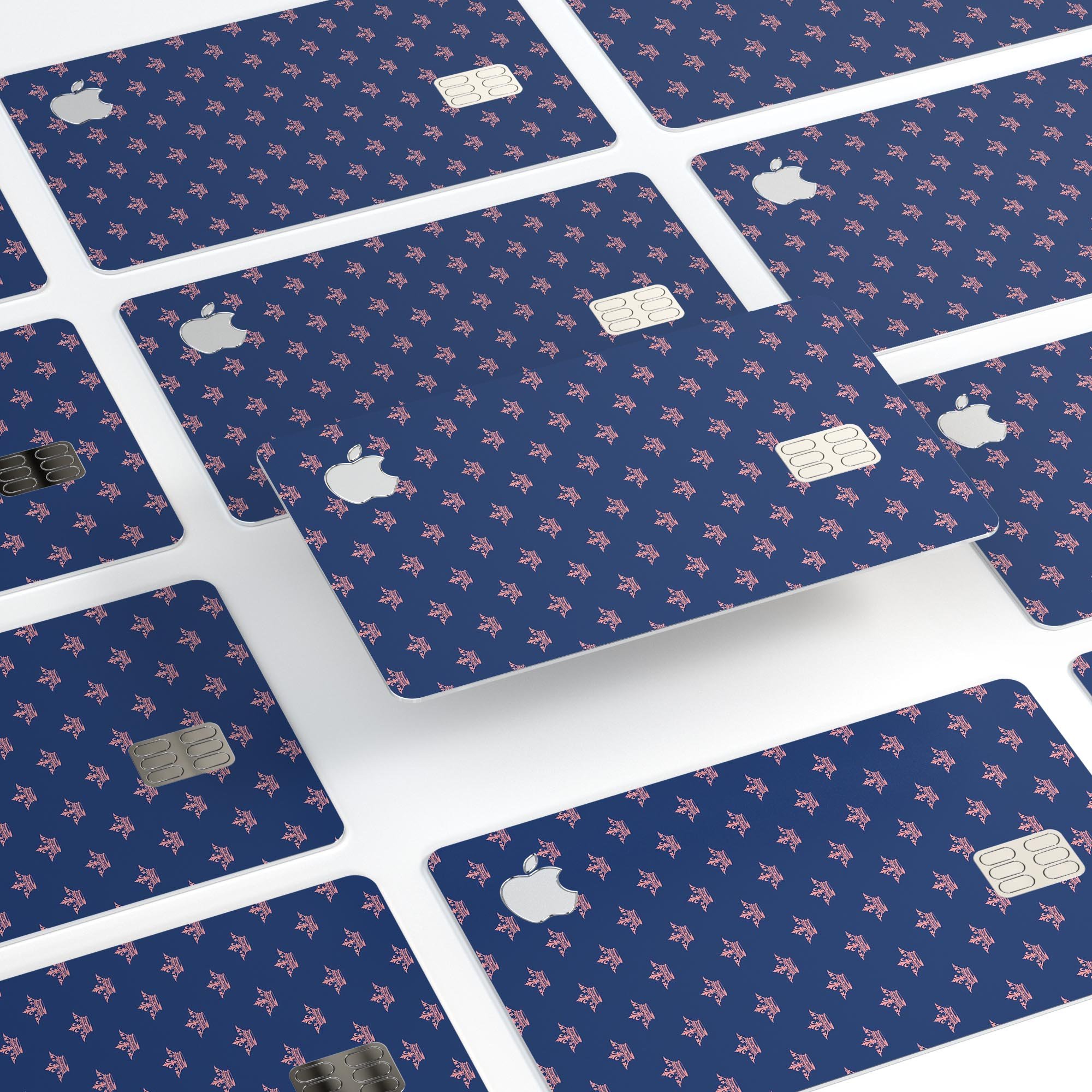 Micro Coral Crowns decal skin for Apple Card, featuring a navy background and premium vinyl material for protection.