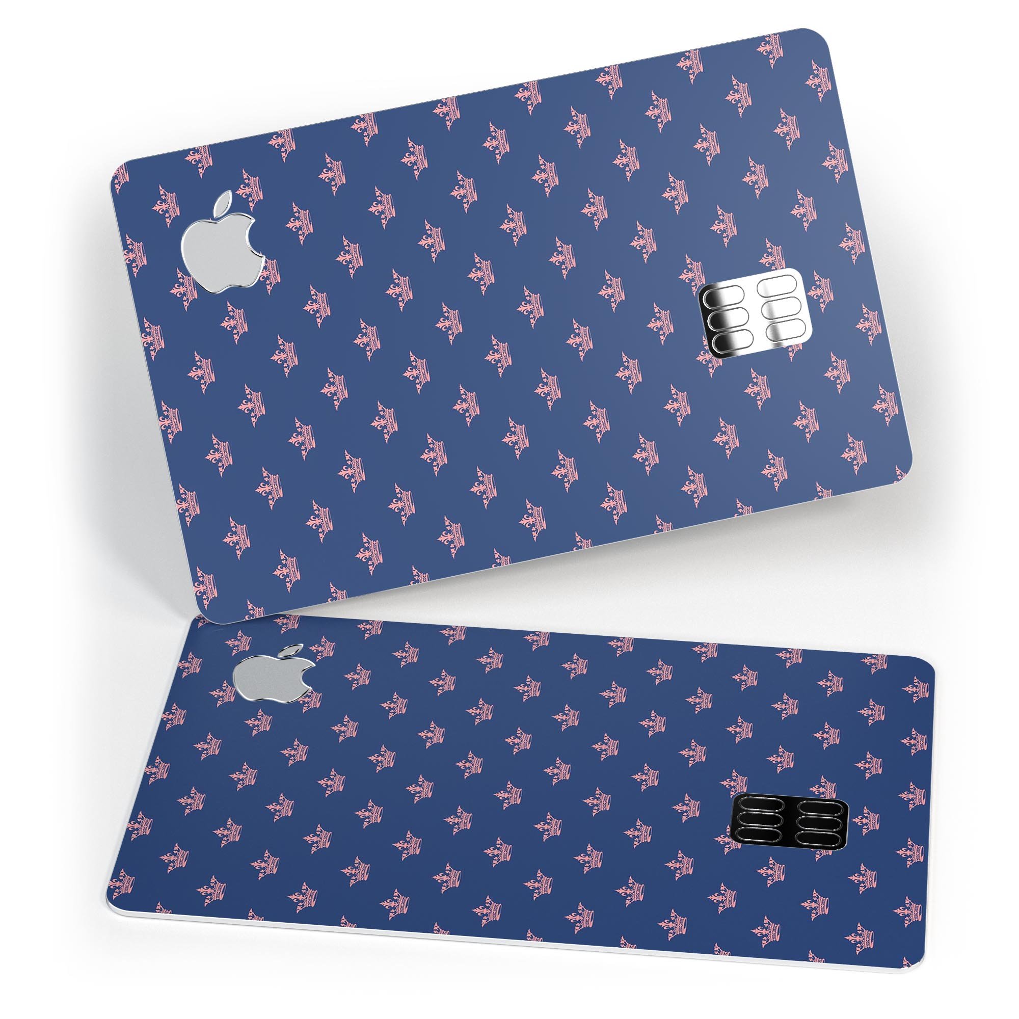 Micro Coral Crowns decal skin for Apple Card, featuring a navy background and premium vinyl material for protection.