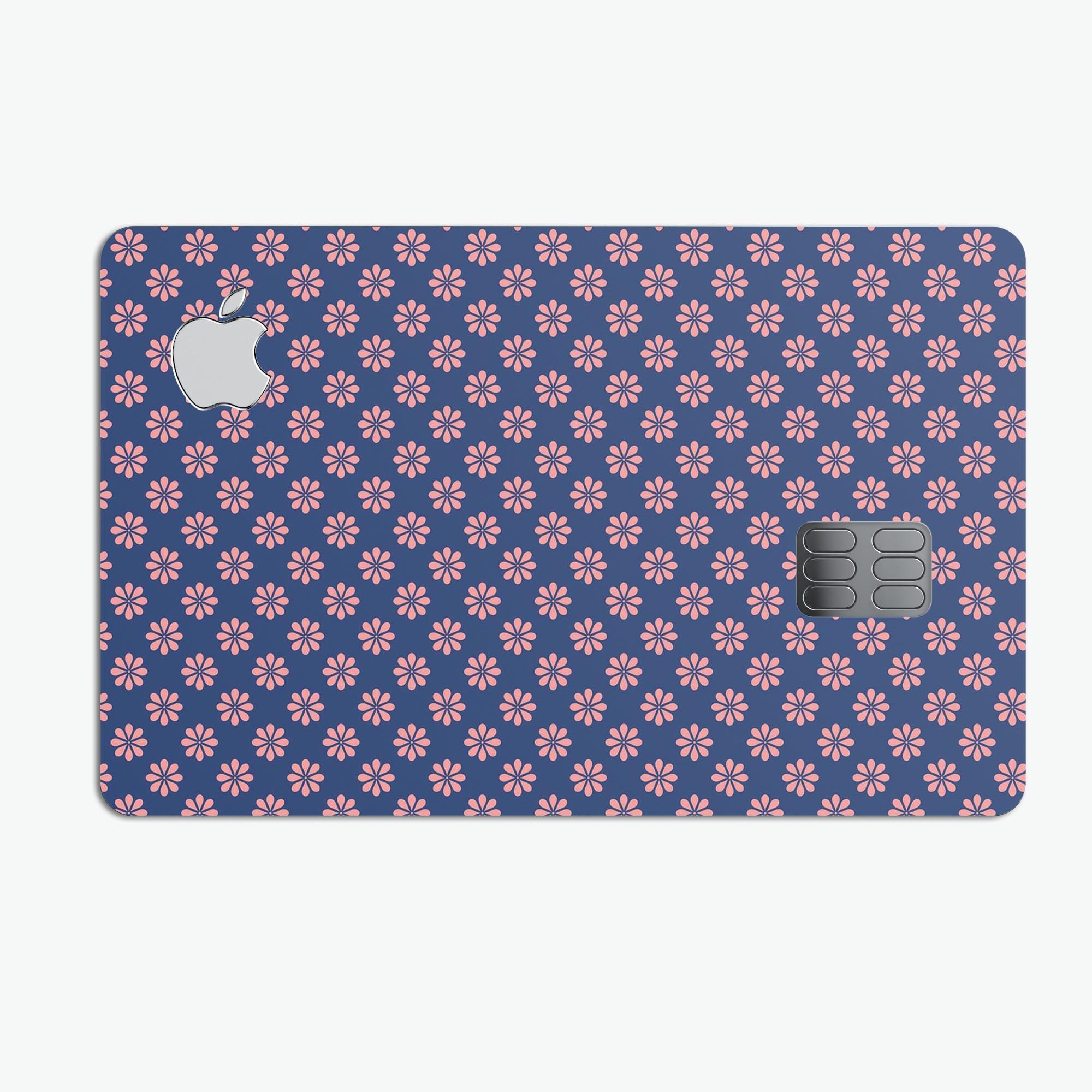 Micro Coral Flowers decal skin for Apple Card, featuring a navy background and vibrant floral design.