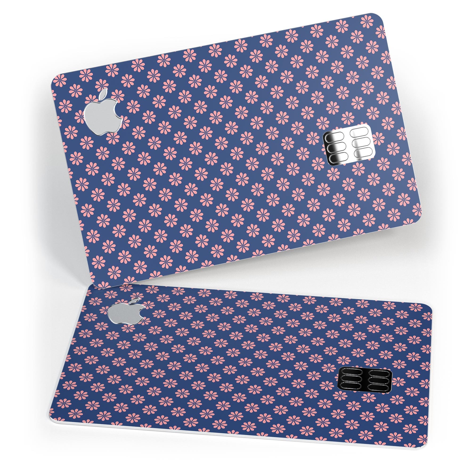Micro Coral Flowers decal skin for Apple Card, featuring a navy background and vibrant floral design.