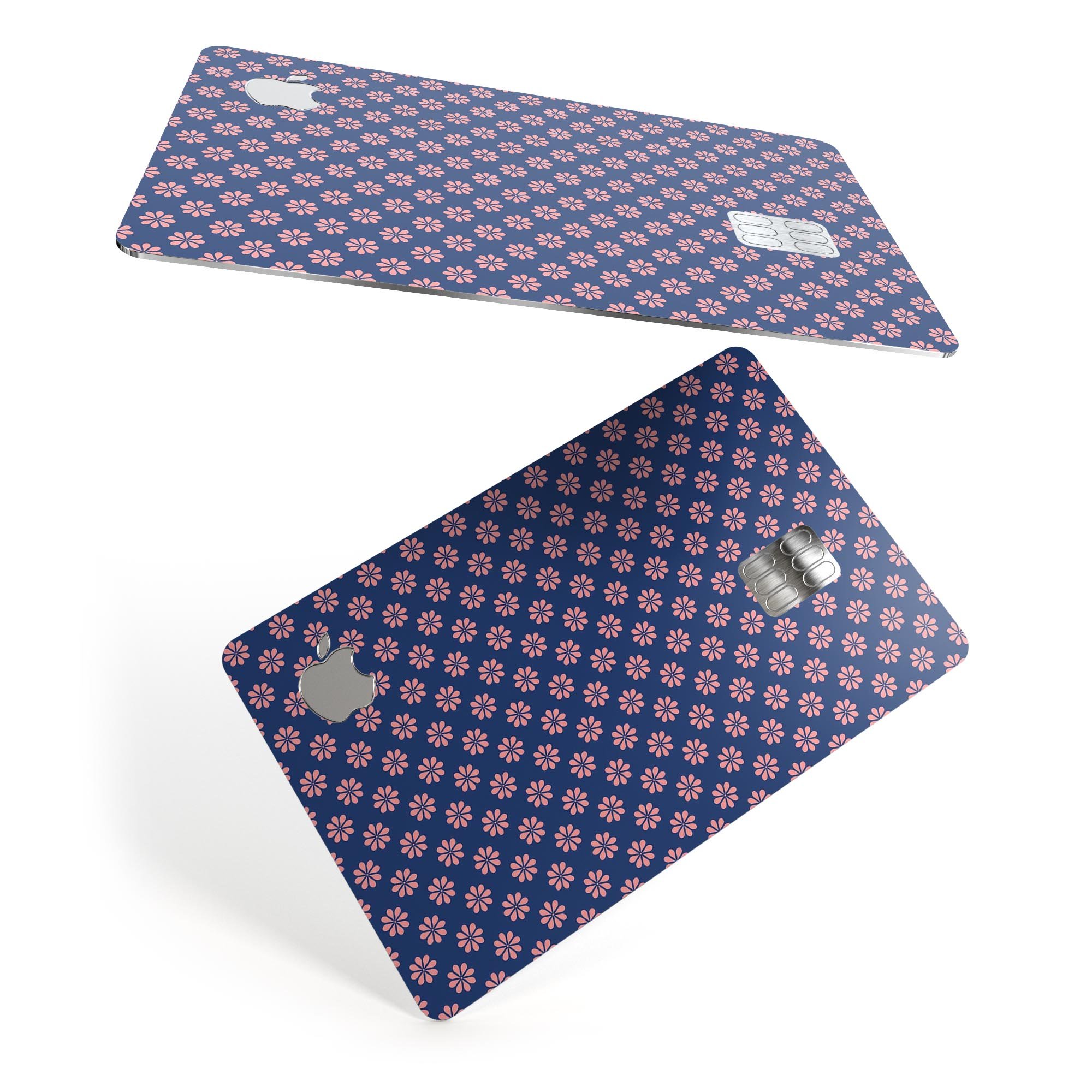 Micro Coral Flowers decal skin for Apple Card, featuring a navy background and vibrant floral design.