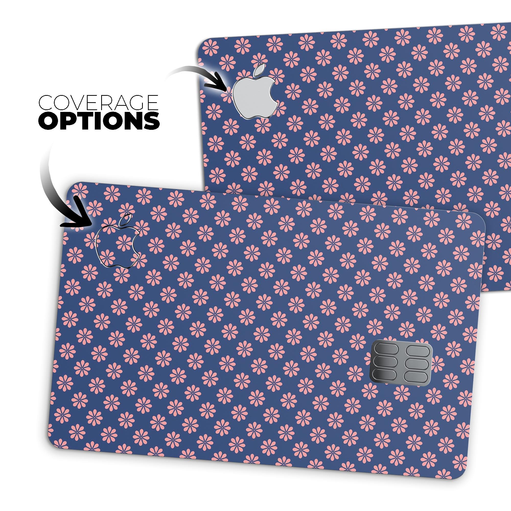 Micro Coral Flowers decal skin for Apple Card, featuring a navy background and vibrant floral design.