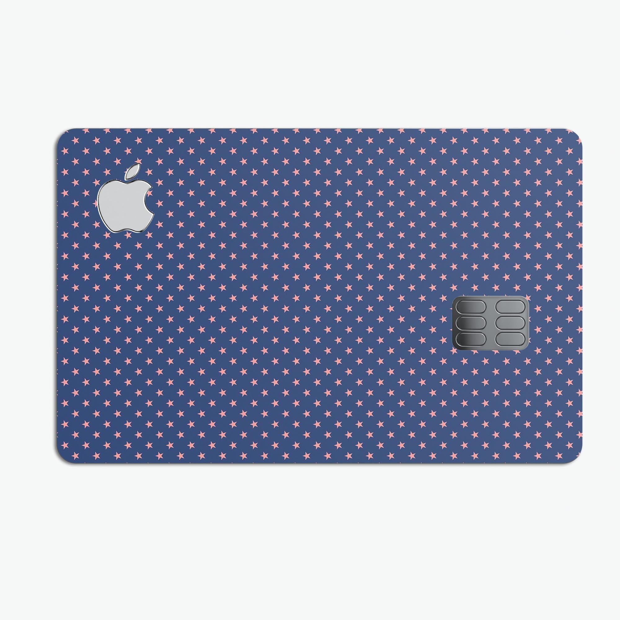 Micro Coral Stars Over Navy Pattern Premium Protective Decal for Apple Card, showcasing vibrant coral stars on a navy background.