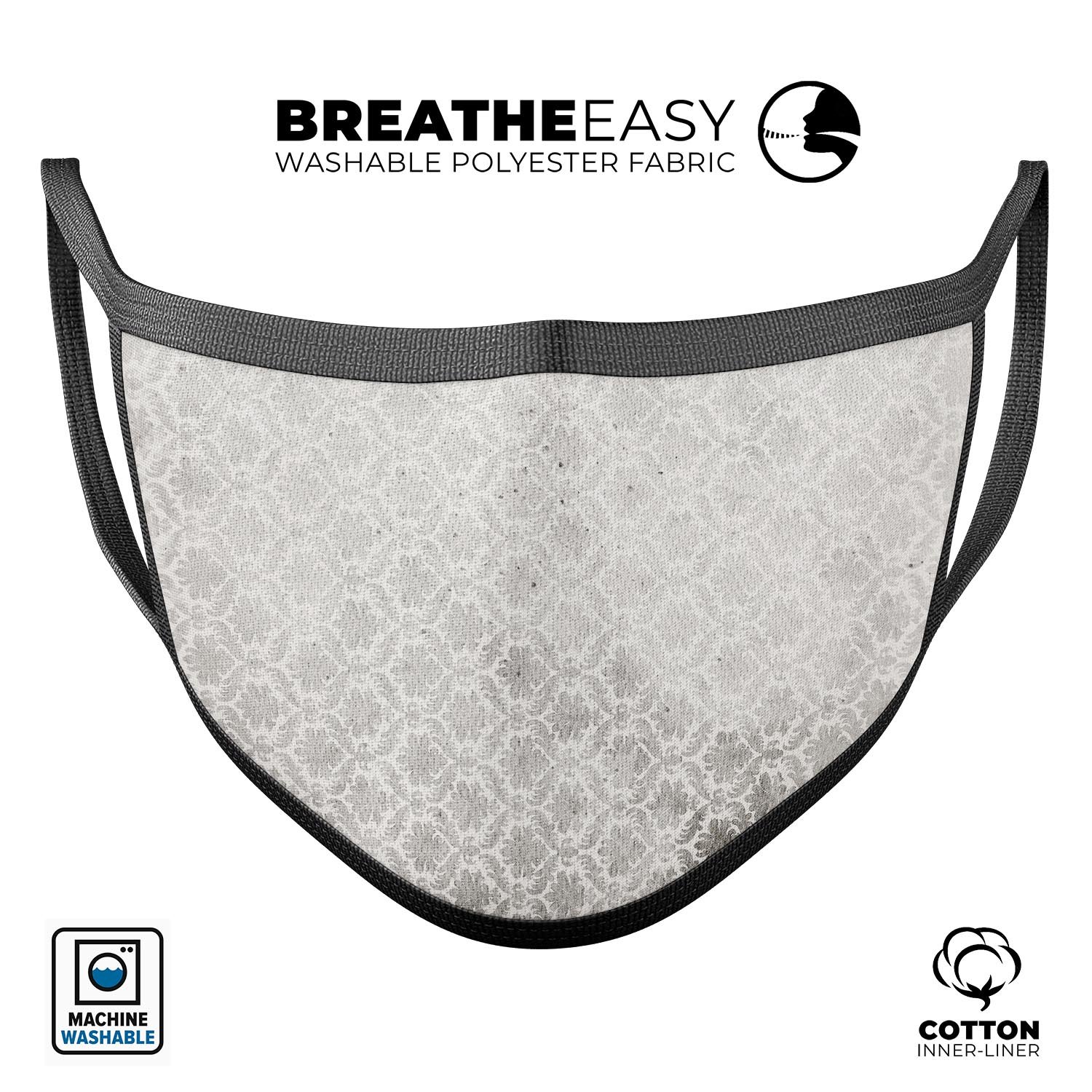 Micro Faded Black and White Damask Pattern mouth cover, showcasing a stylish design with adjustable ear loops.