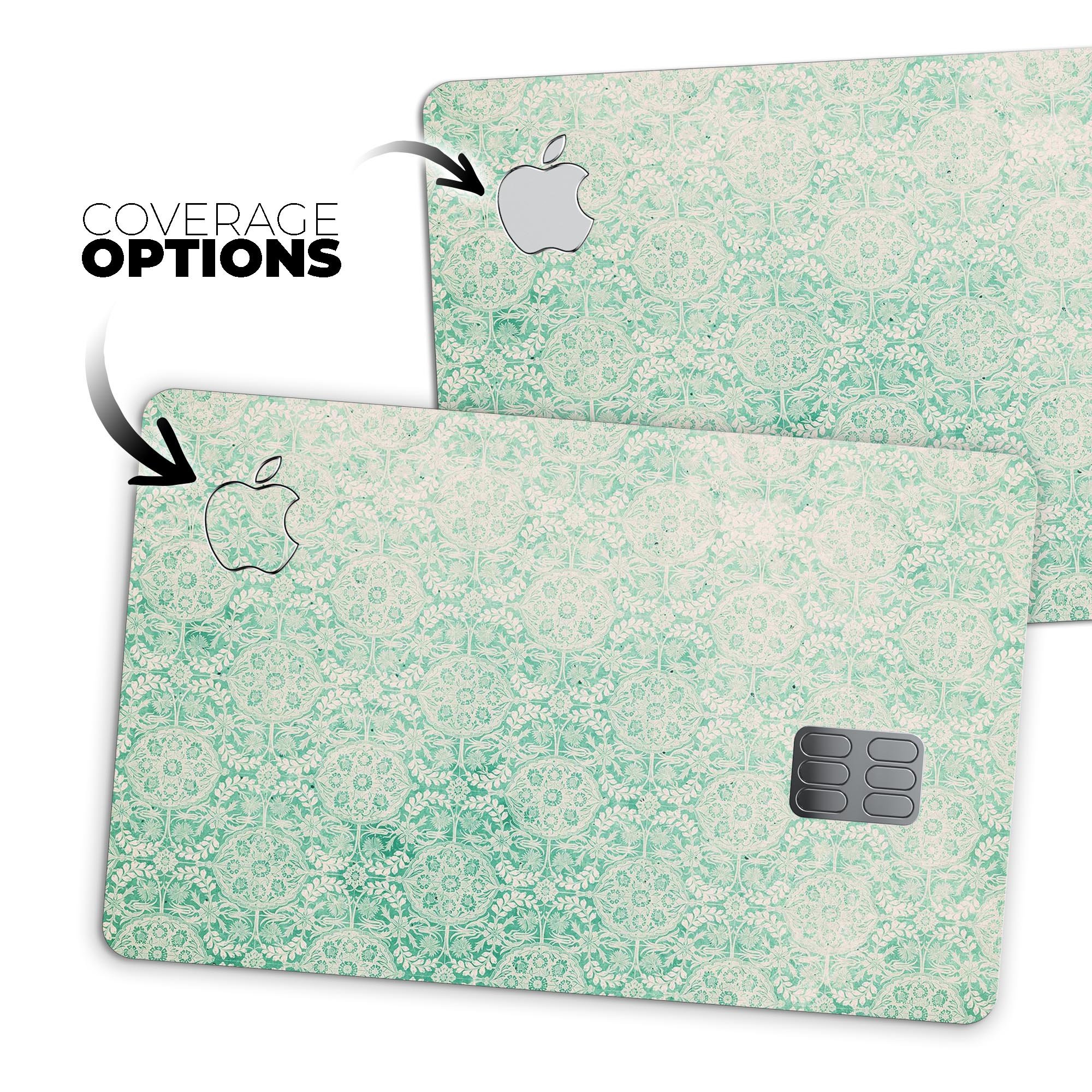 Micro Faded Green Damask Pattern skin for Apple Card, showcasing a stylish design with premium vinyl material.