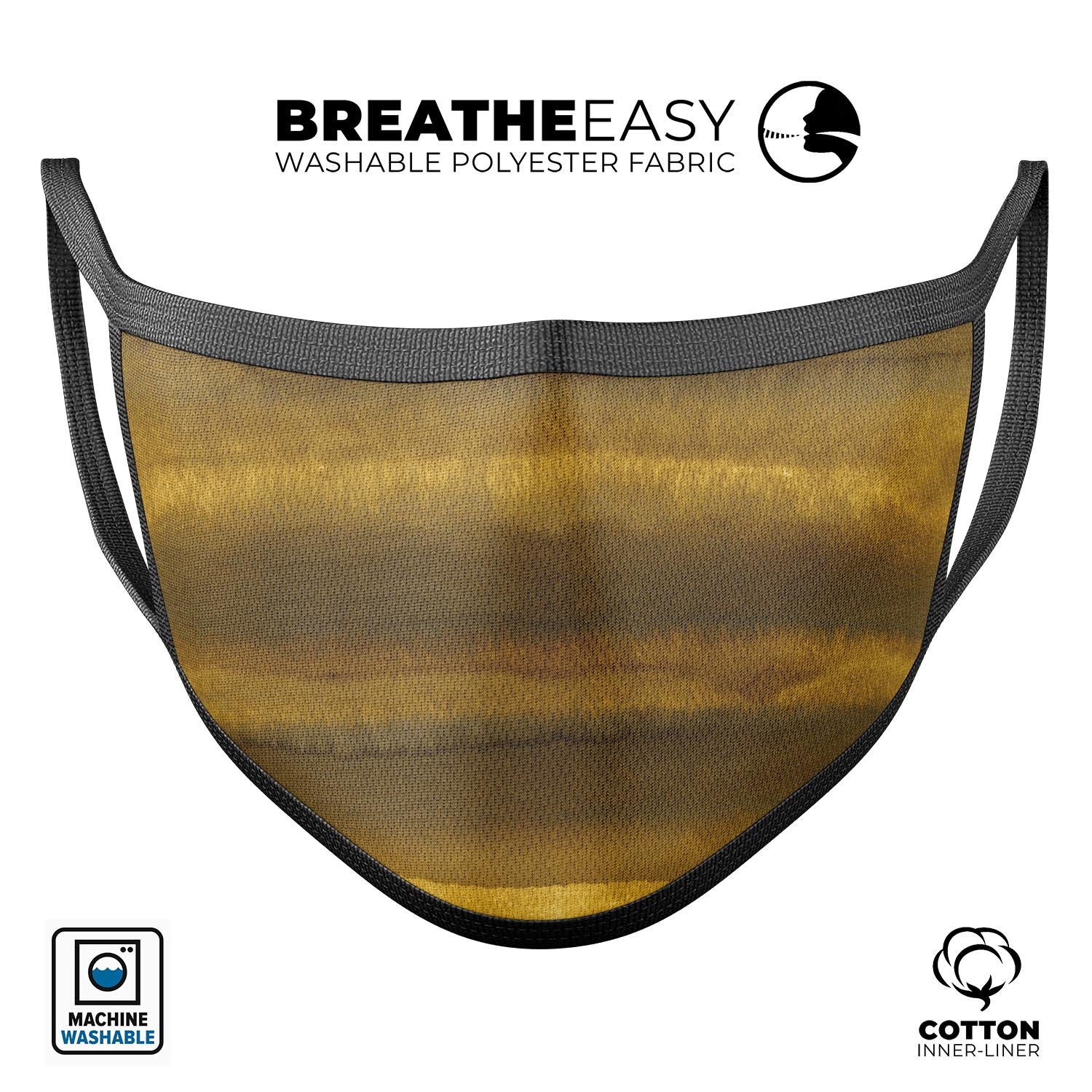 Micro Gold Watercolor Strokes unisex face mask made in the USA, featuring vibrant colors and adjustable ear loops for a comfortable fit.