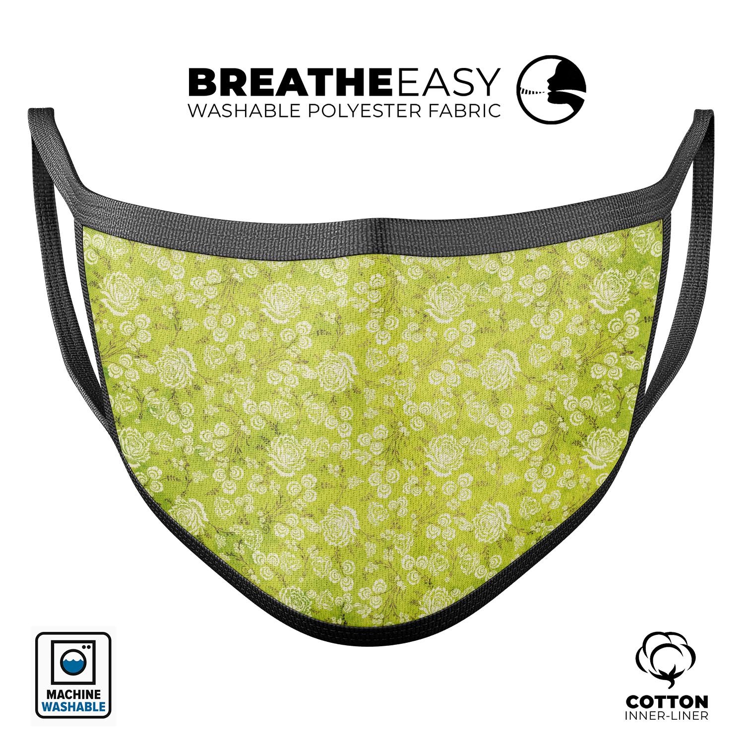 Micro Green Rose Pattern mouth cover, unisex anti-dust mask made in the USA, featuring adjustable ear-loop bands and soft cotton interior.