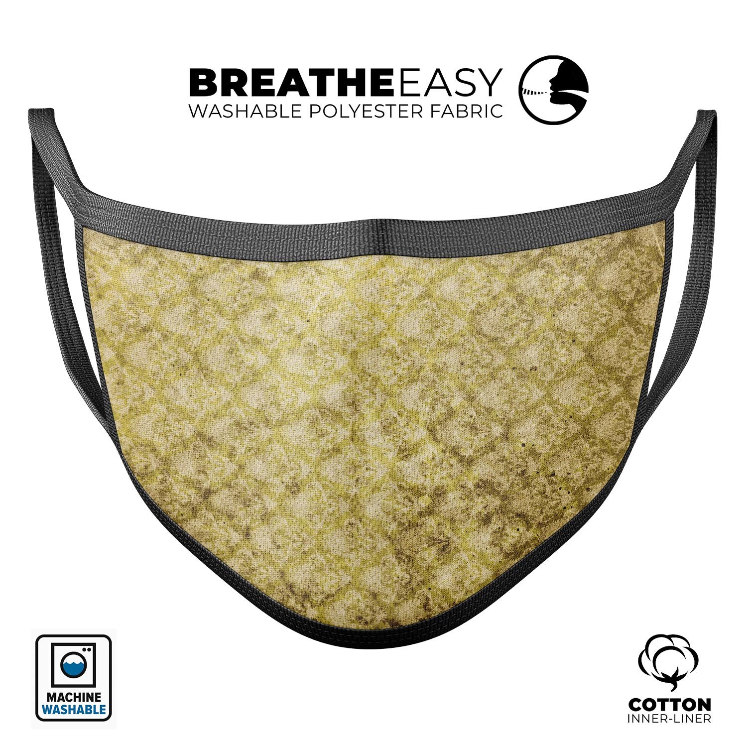 Micro Grungy Mustard Pattern mouth cover, showcasing vibrant colors and adjustable ear loops for a comfortable fit.