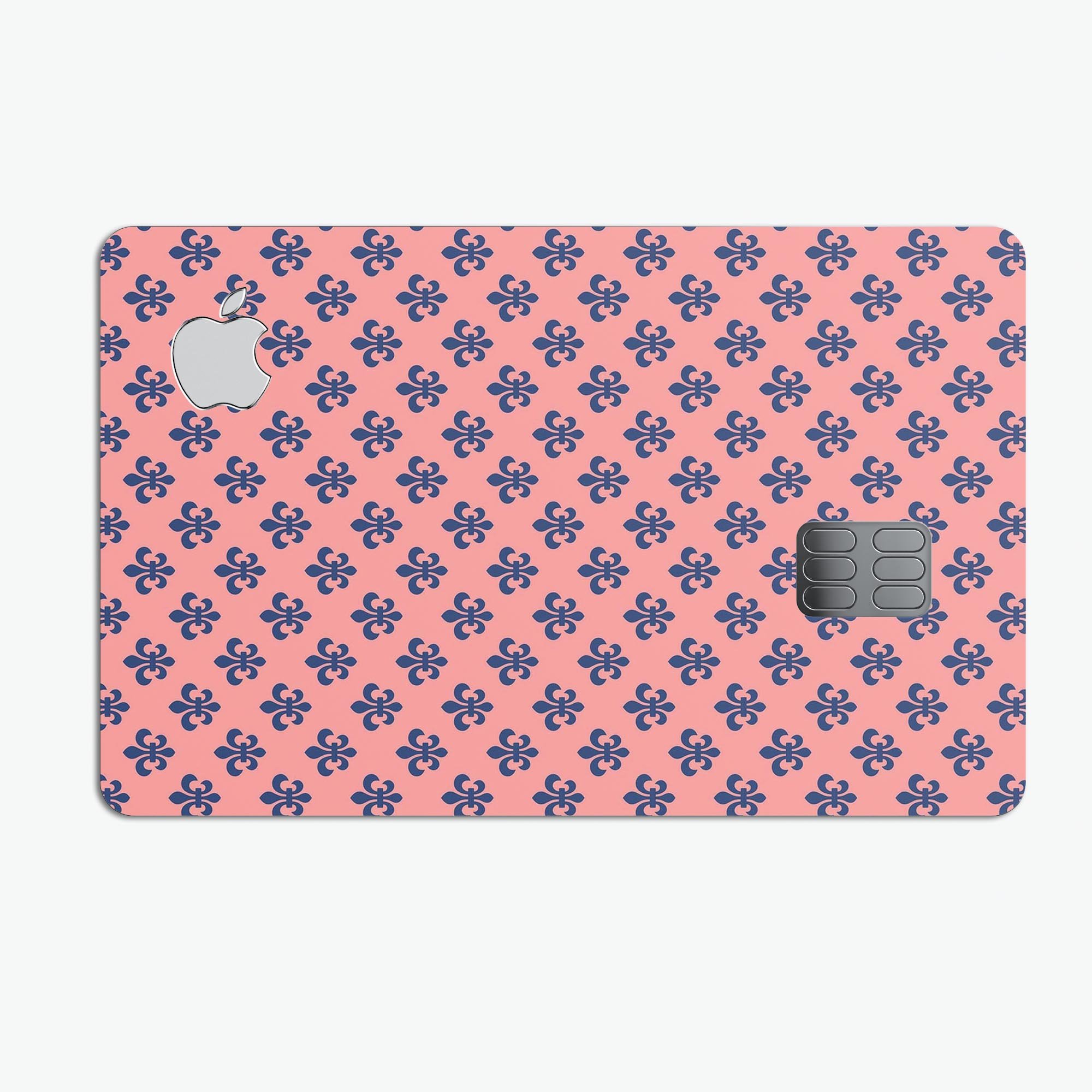 Micro Navy Crowns Over Coral decal skin for Apple Card, showcasing premium design and protective features.
