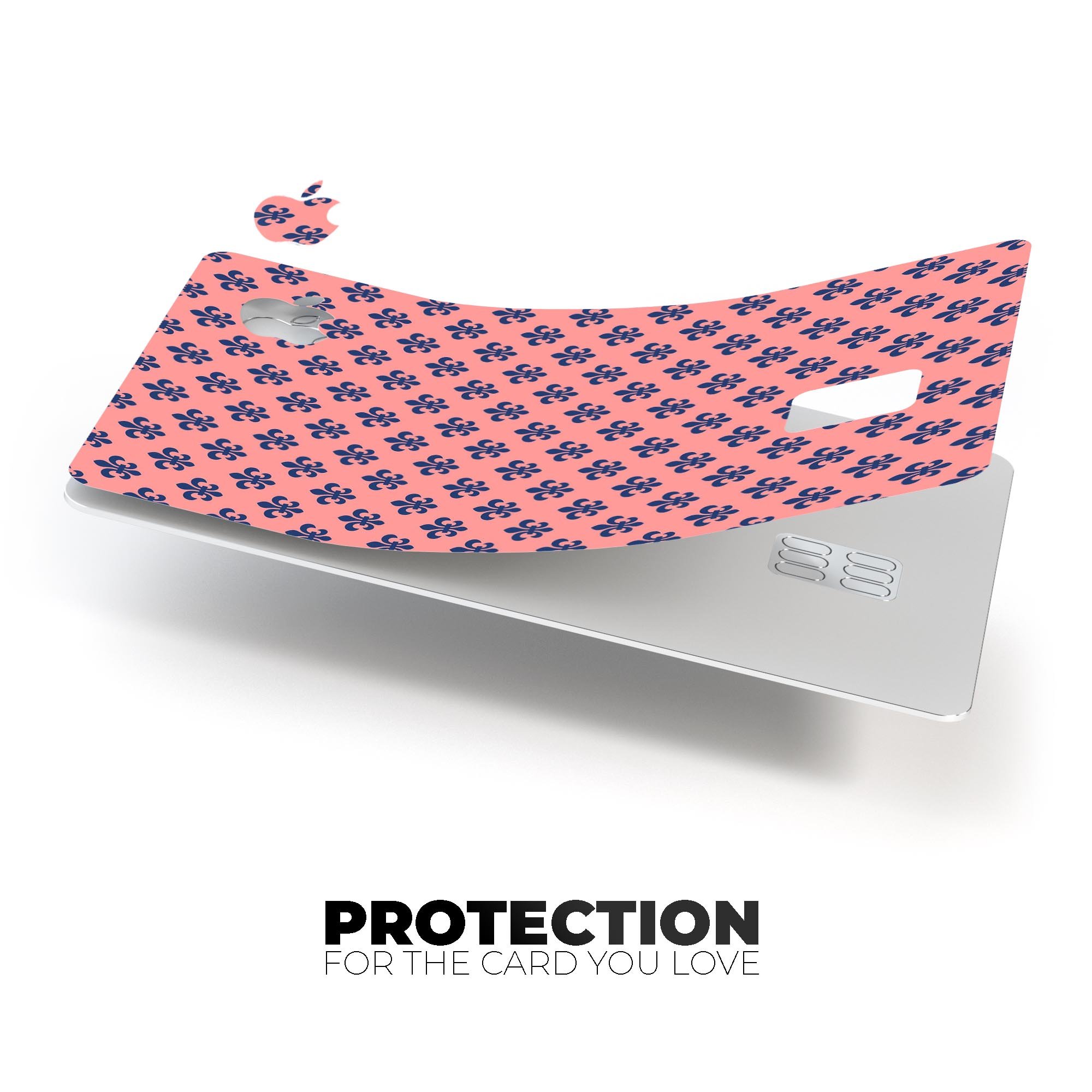 Micro Navy Crowns Over Coral decal skin for Apple Card, showcasing premium design and protective features.