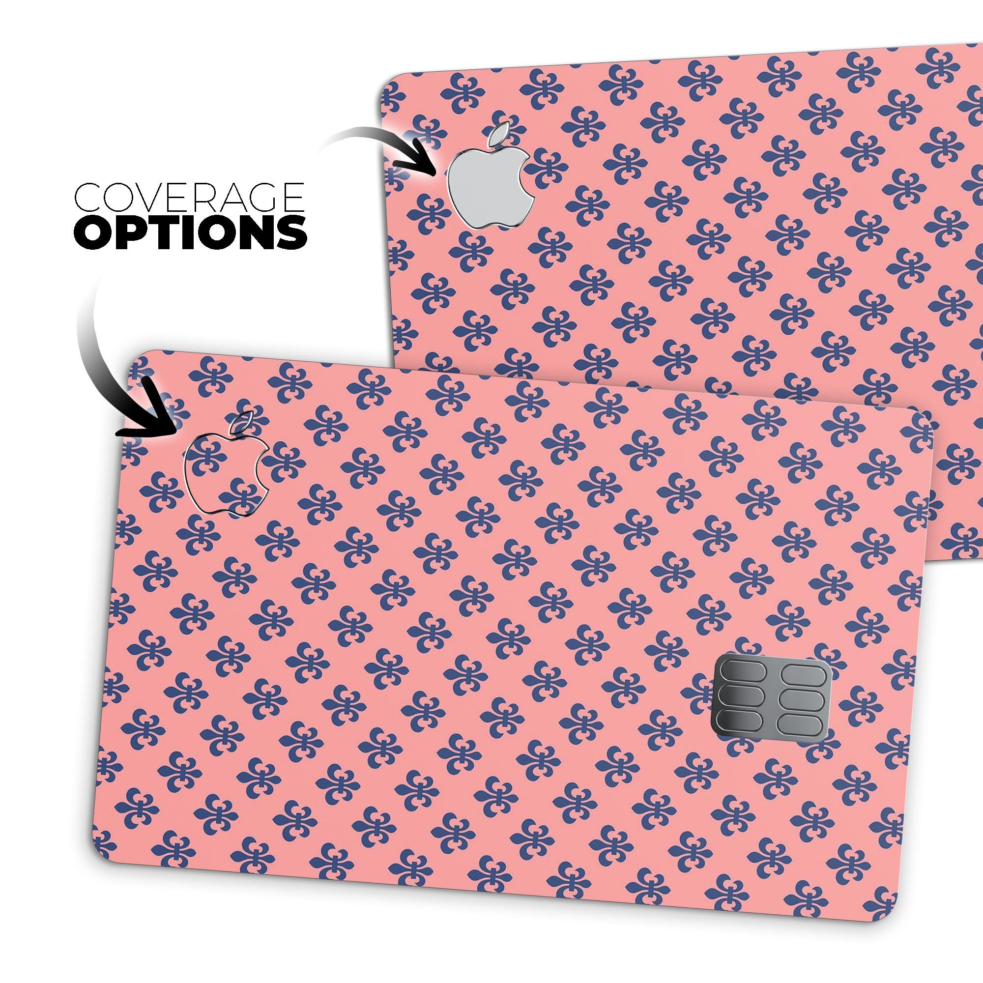 Micro Navy Crowns Over Coral decal skin for Apple Card, showcasing premium design and protective features.