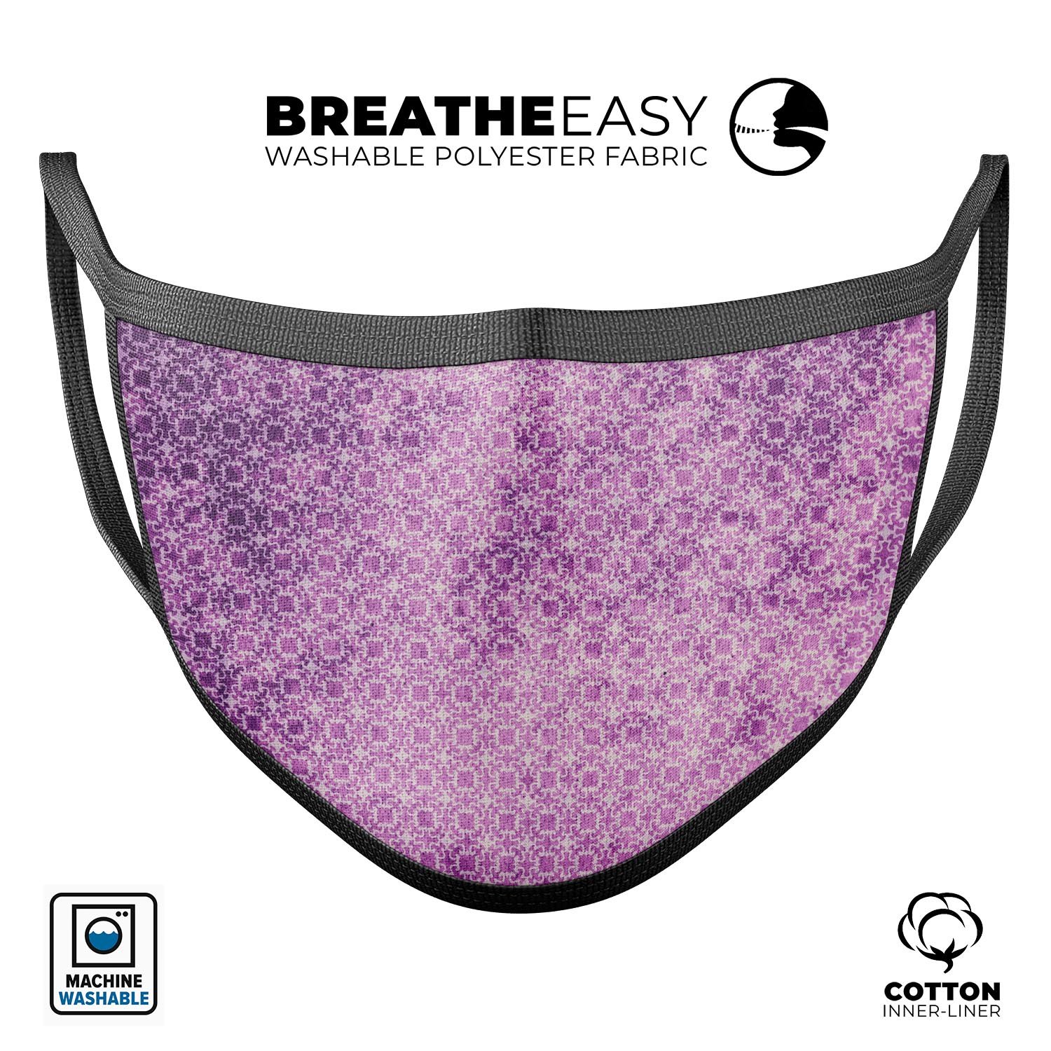 Micro Squares of Violet Grunge face mask, featuring a vibrant design, adjustable ear loops, and made from soft cotton material.