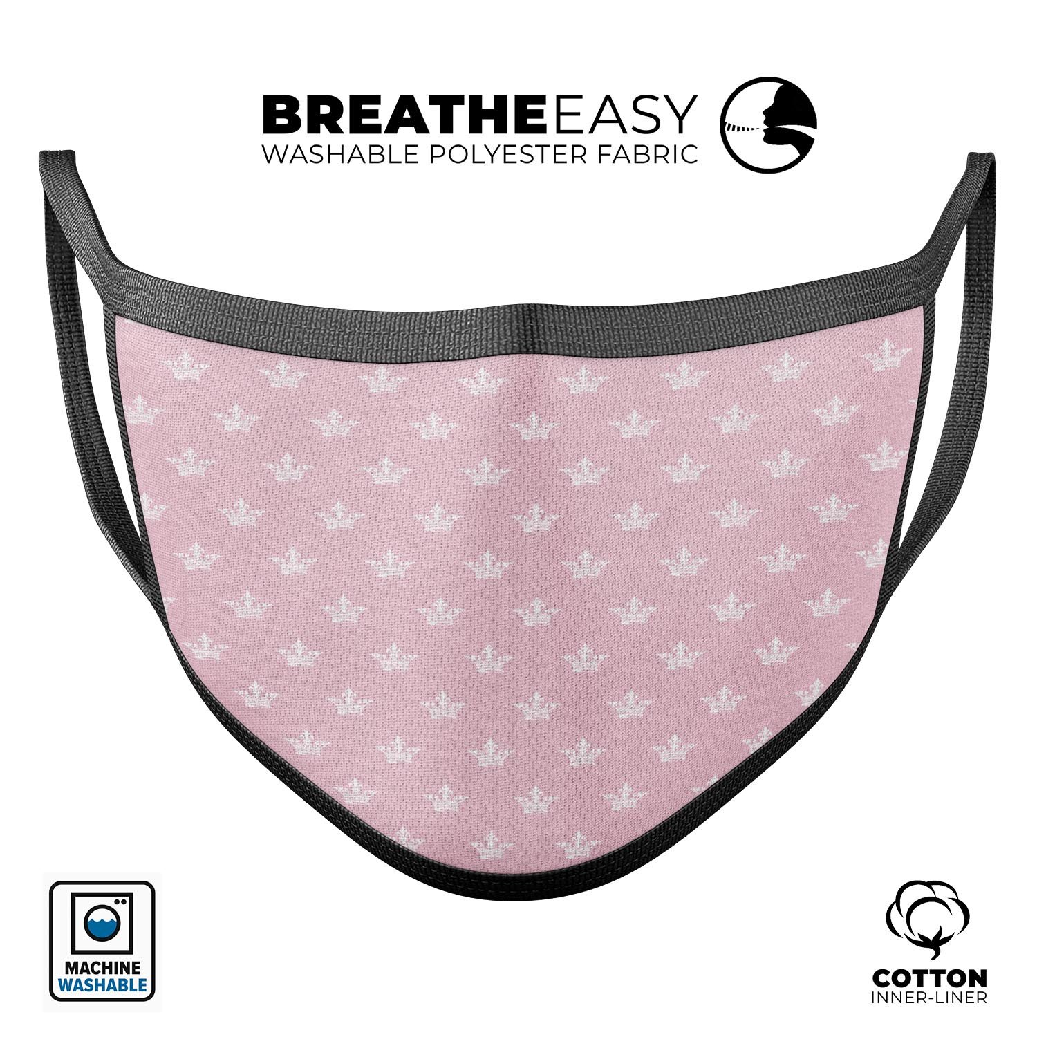 Micro White Crowns Over Pink unisex mouth cover, featuring a vibrant design and adjustable ear loops for a comfortable fit.