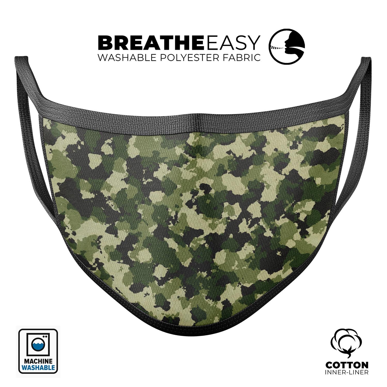 Military Camouflage V1 mouth cover, featuring a 3D design, adjustable ear loops, and made from soft cotton for comfort.