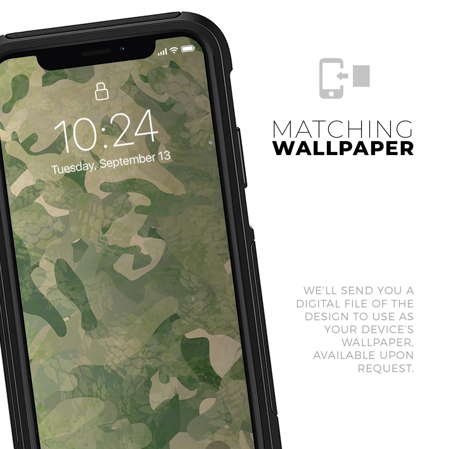 Military Jungle Camouflage V3 skin kit for iPhone OtterBox cases, showcasing a rugged camouflage design with a premium finish.