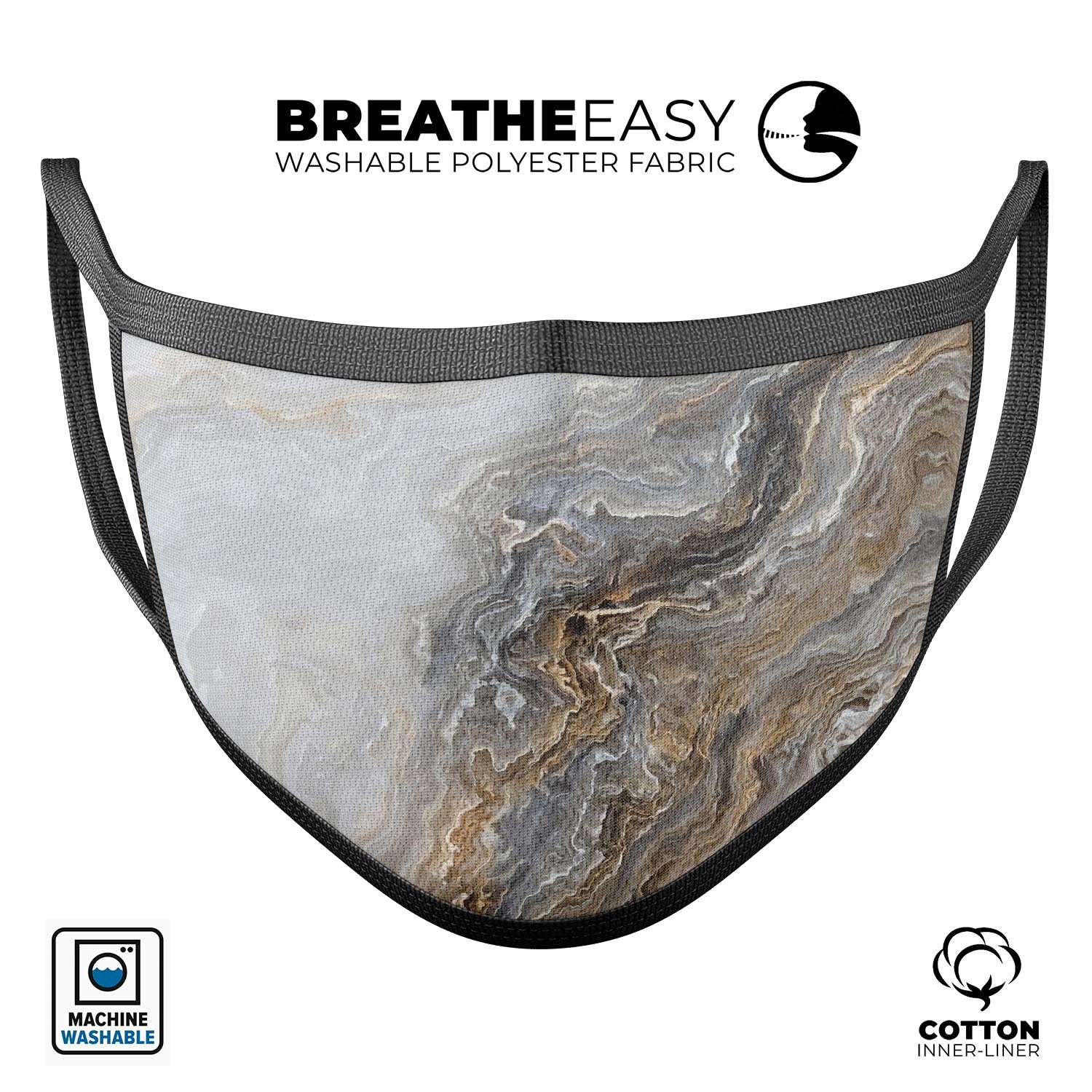 Minimalistic Marble Slate V51 mouth cover, featuring a stylish marble design, adjustable ear loops, and made from soft cotton material.