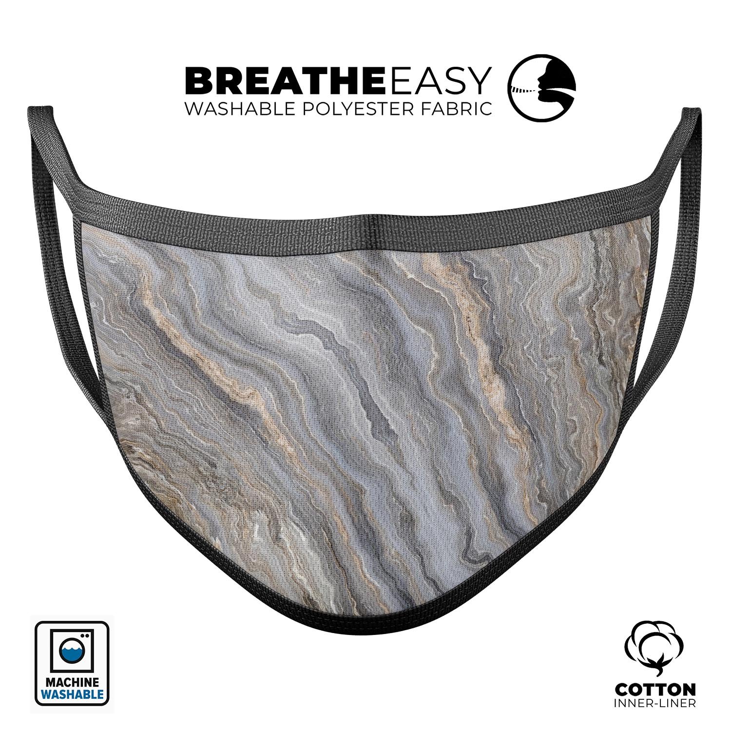 Minimalistic Marble Slate V52 mouth cover, featuring a stylish marble design, adjustable ear loops, and made from soft cotton material.