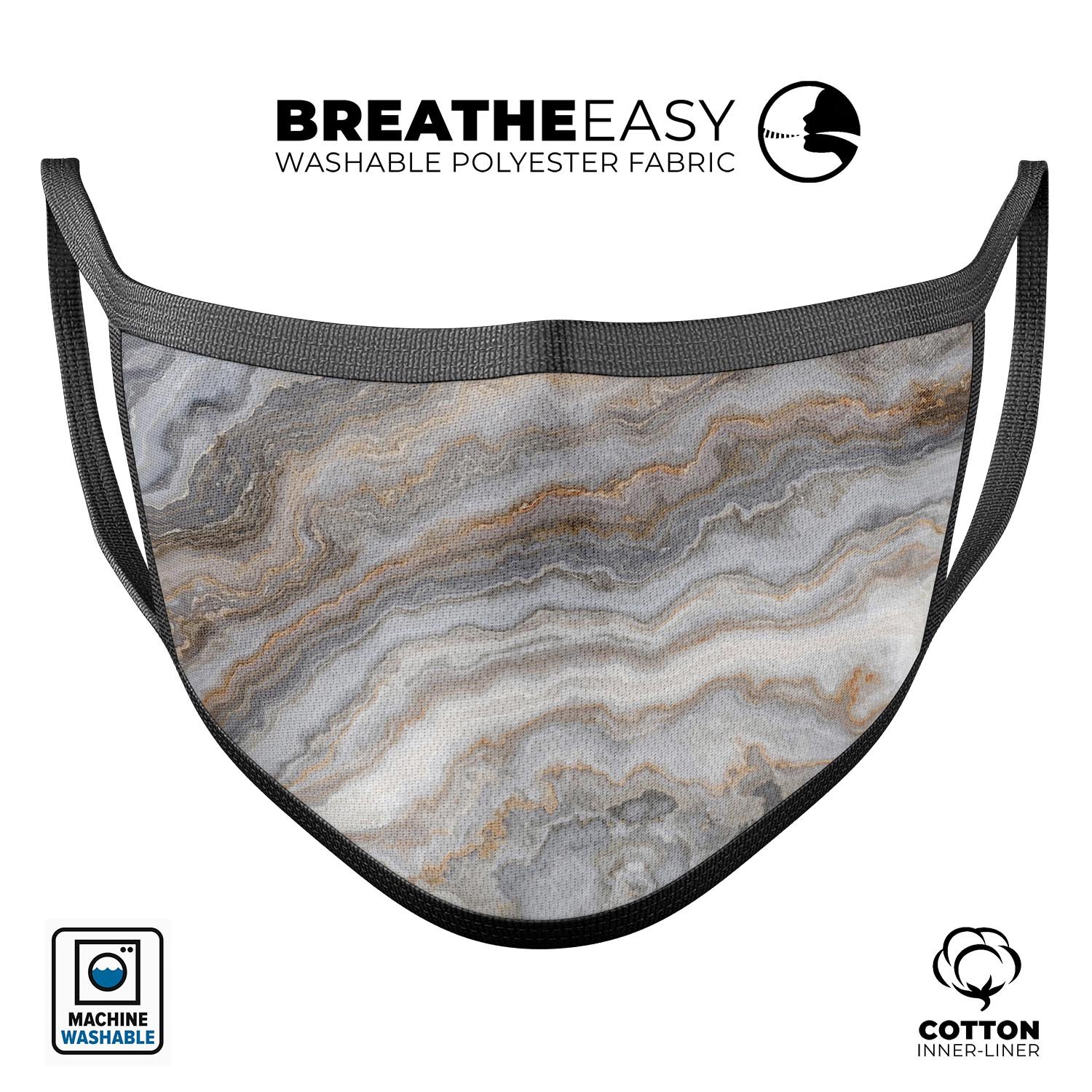 Minimalistic Marble Slate V54 mouth cover, featuring a stylish marble design, adjustable ear loops, and soft cotton interior for comfort.