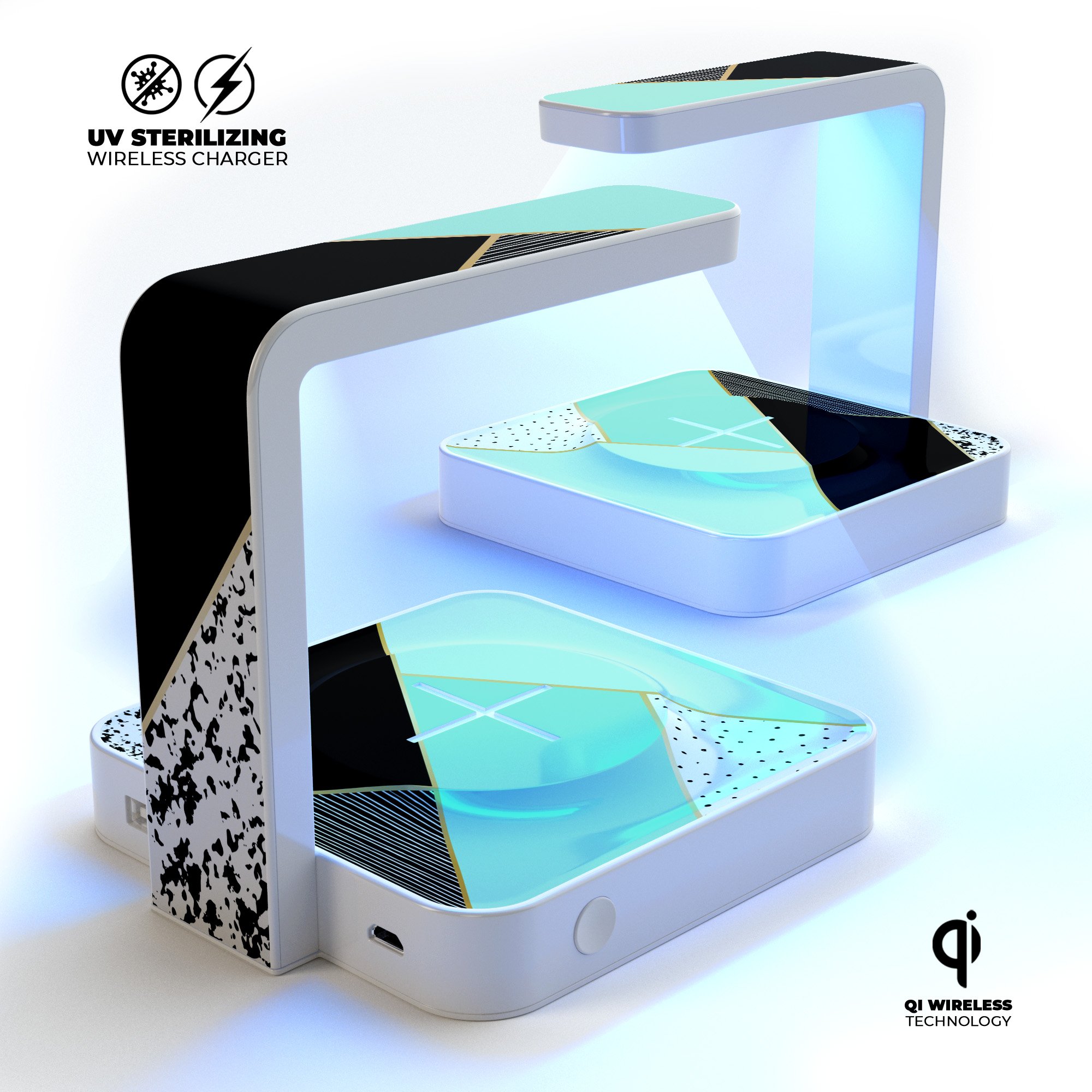 Minimalistic Mint and Gold Striped V1 UV Germicidal Sanitizing charger with wireless charging capabilities and sterilizing lamp.