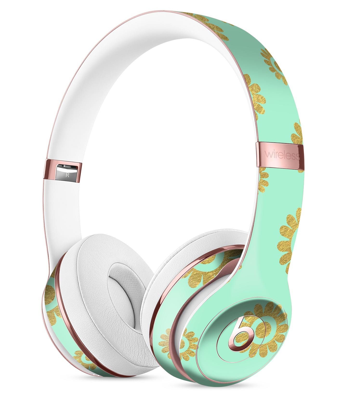 Mint and Gold Floral Full-Body Skin Kit for Beats by Dre Solo 3 Wireless Headphones, showcasing vibrant floral design and premium vinyl material.