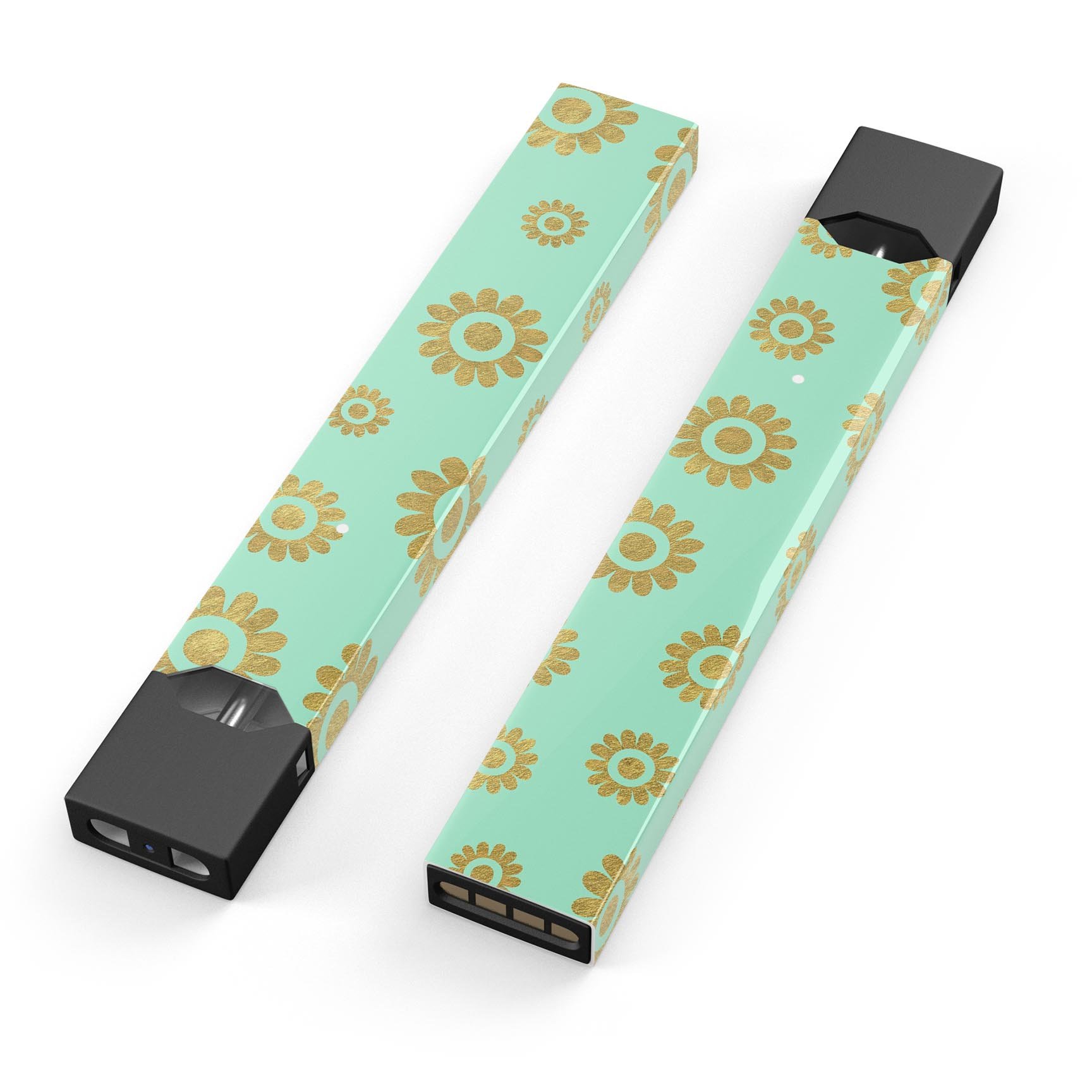 Mint and Gold Floral v10 skin wrap sticker designed for JUUL vaping device, showcasing floral patterns and vibrant colors.
