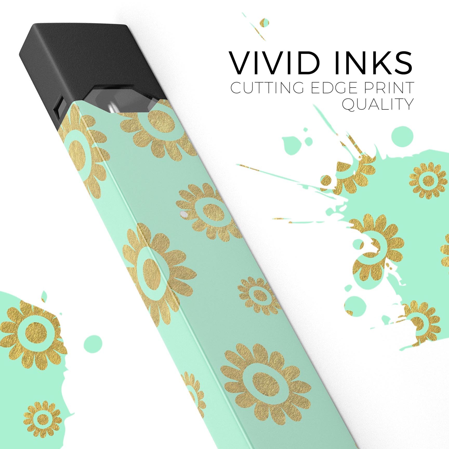 Mint and Gold Floral v10 skin wrap sticker designed for JUUL vaping device, showcasing floral patterns and vibrant colors.