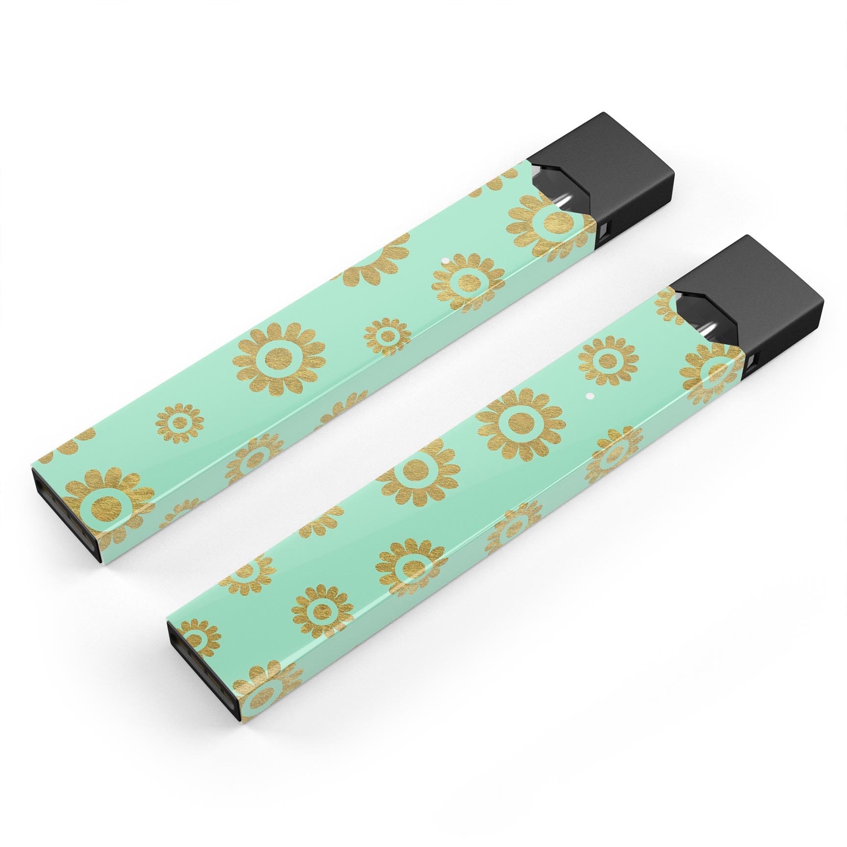 Mint and Gold Floral v10 skin wrap sticker designed for JUUL vaping device, showcasing floral patterns and vibrant colors.