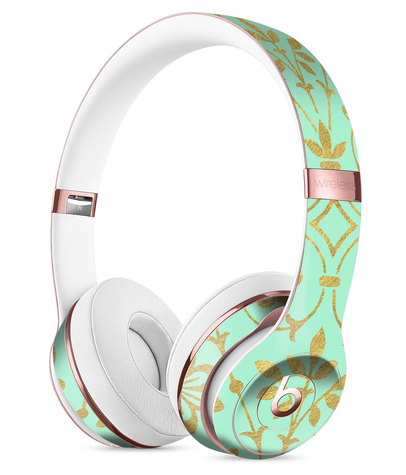 Mint and Gold Floral Full-Body Skin Kit for Beats by Dre Solo 3 Wireless Headphones, showcasing vibrant floral patterns and premium vinyl material.